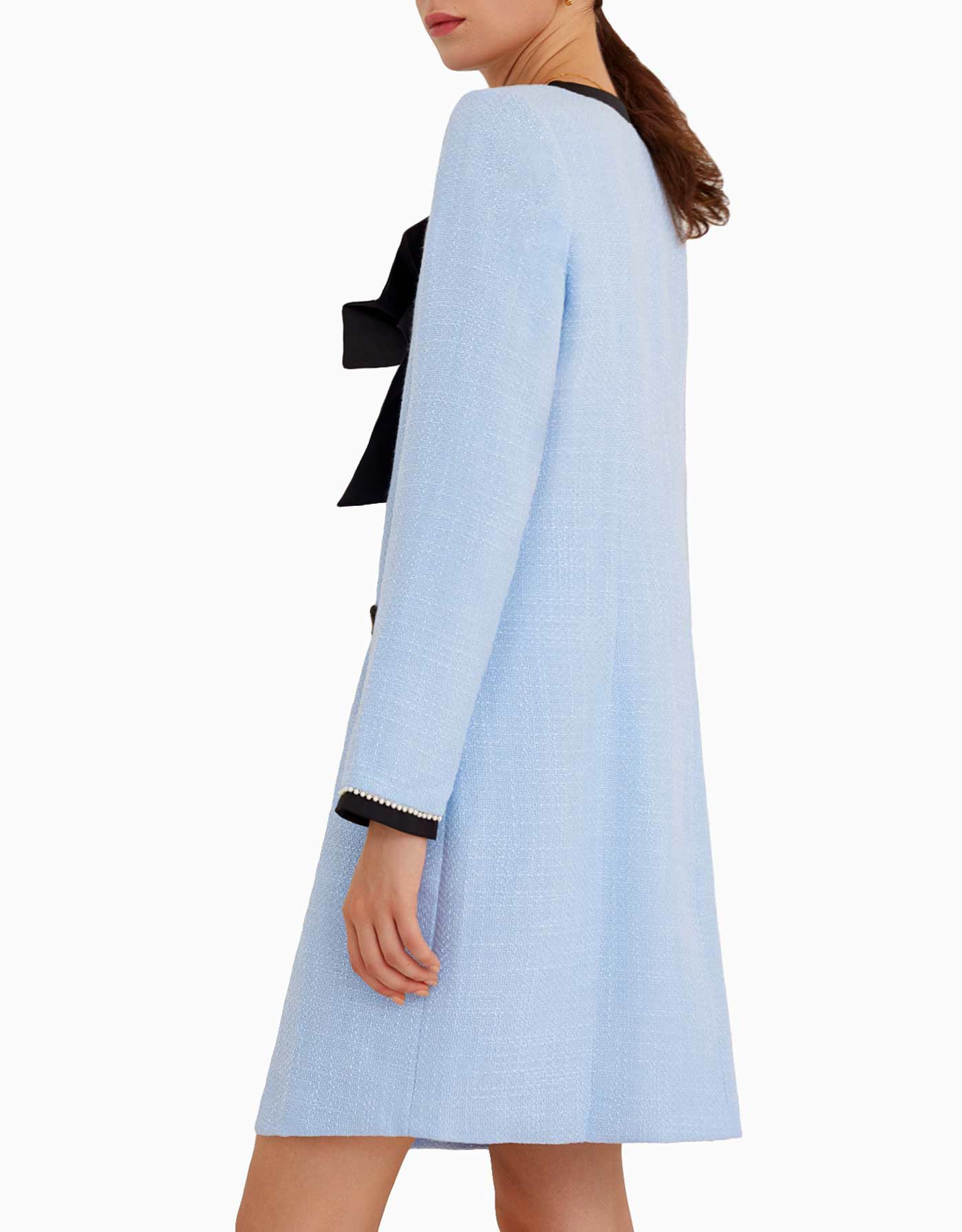 Elegant Women's Tweed Bow Mini Dress - Long Sleeve V-Neck Button Down Business Work Dress in Blue | Perfect for Office, Cocktail Parties & Formal Events
