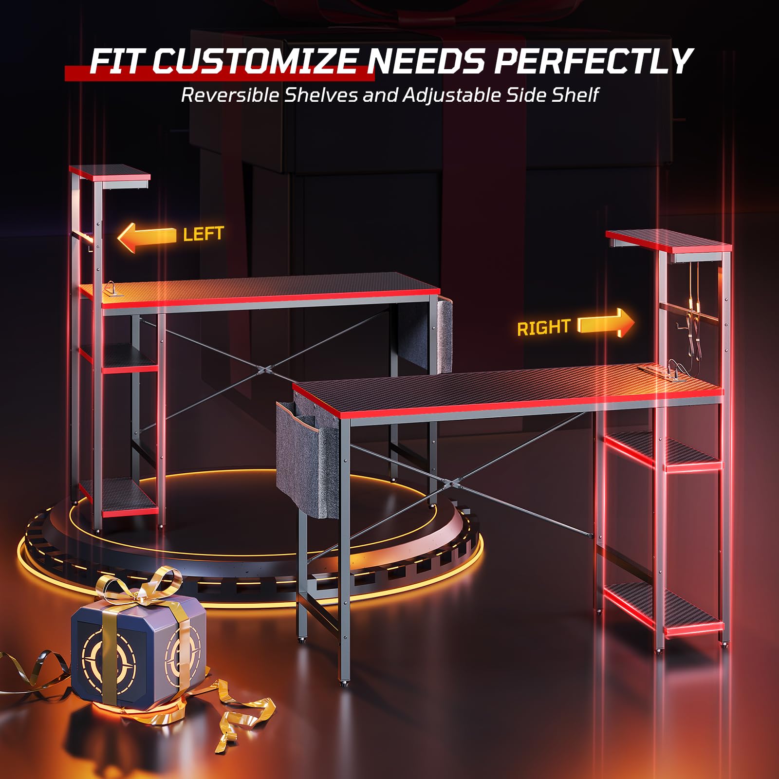 Bestier 44 Inch Gaming Desk with Power Outlets & LED Lights - 4-Tier Reversible Shelves, Headset Hook & Side Storage Bag - Ergonomic PC Gaming Table for Bedroom (Black 3D Carbon Fiber) - Perfect for Esports, Streaming & Home Office Setup