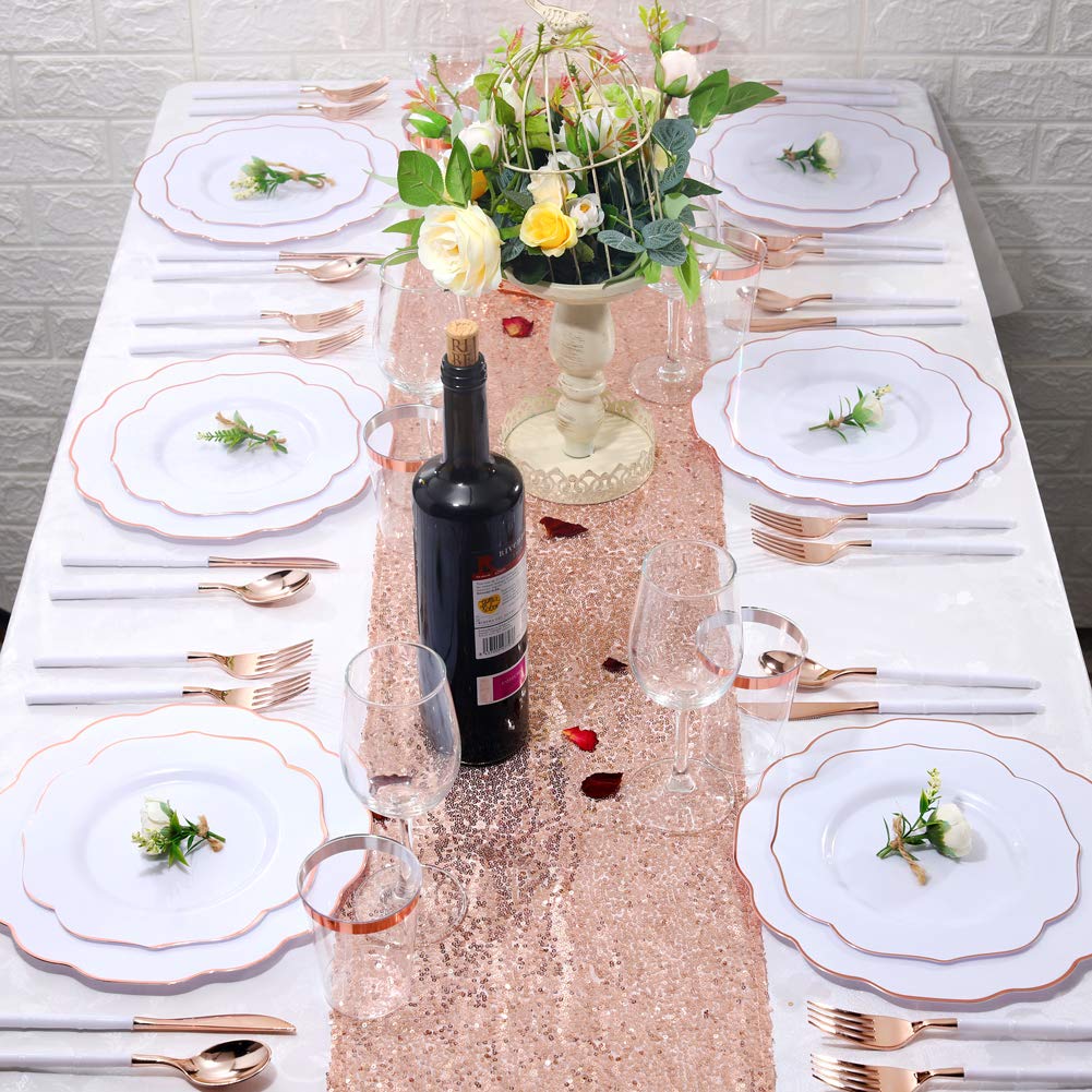 BUCLA 30-Pack White & Rose Gold Plastic Plates with Matching Cutlery & Disposable Cups - Elegant Disposable Dinnerware Set for Weddings, Mother's Day, Bridal Showers, Birthday Parties & Special Events