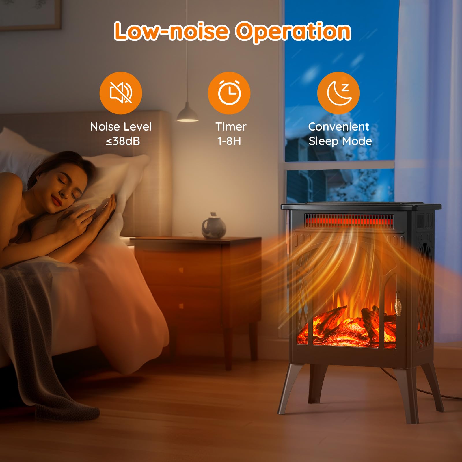 Rintuf 1500W Small Electric Fireplace Heater with 3D Flame Effect - Adjustable Thermostat, 8H Timer & Remote Control - Freestanding Infrared Space Heater for Large Rooms - Perfect for Living Room, Bedroom & Office Indoor Heating