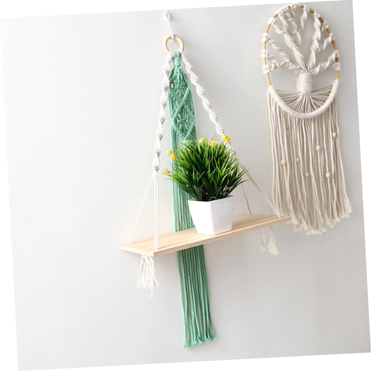 2-Pack Boho Woven Tapestry Wall Hanging Shelf - Natural Wood Macrame Plant Hanger & Storage Rack for Home Decor, Bedroom, Living Room, Office - Perfect for Indoor Plants, Books & Decorative Items