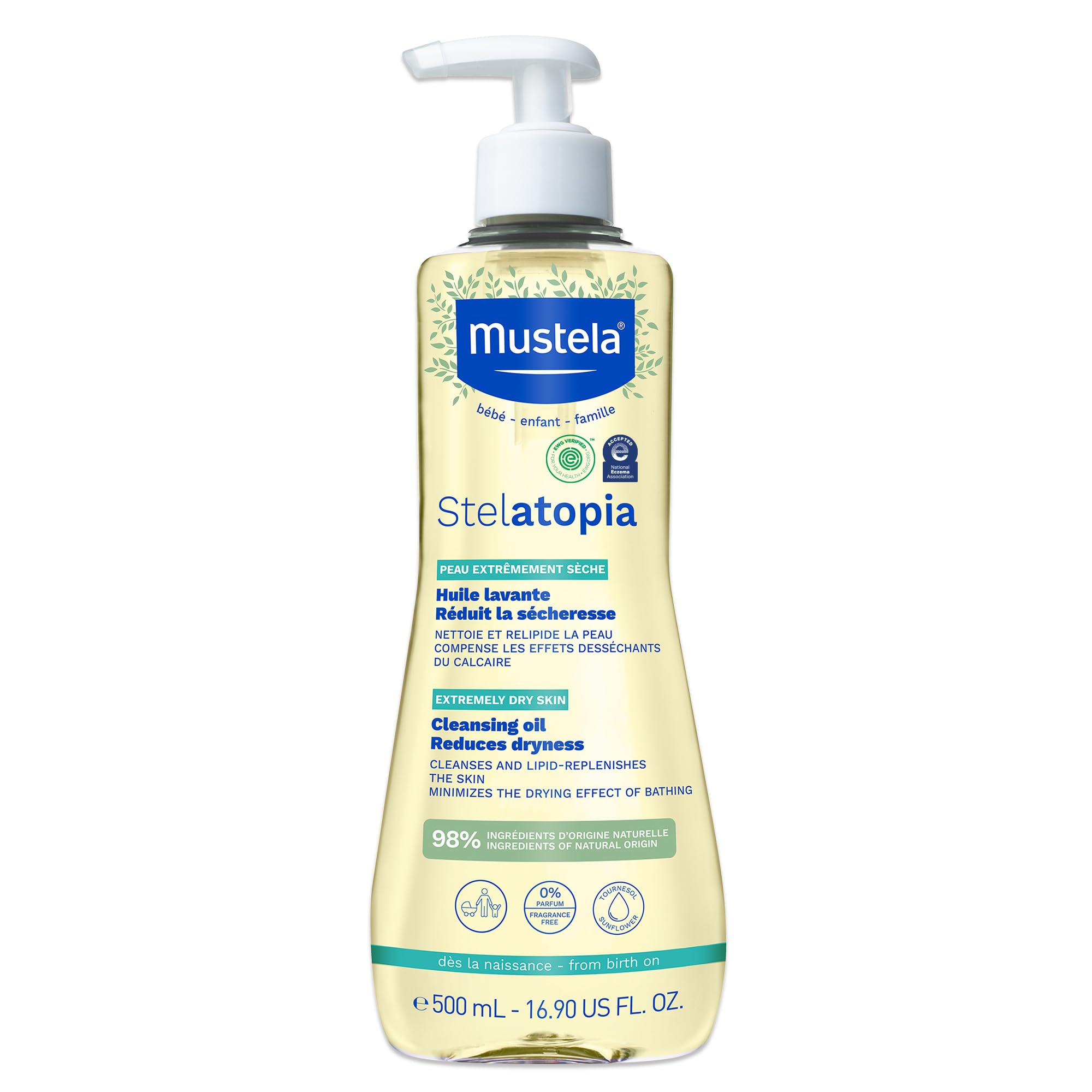 Mustela Stelatopia Eczema-Prone Baby Cleansing Oil | Natural Avocado & Sunflower Oil Body Wash | Fragrance-Free, Tear-Free & EWG Verified | 16.9 fl oz | Gentle Skin Care for Babies & Sensitive Skin | Perfect for Bath Time & Daily Cleansing Routine