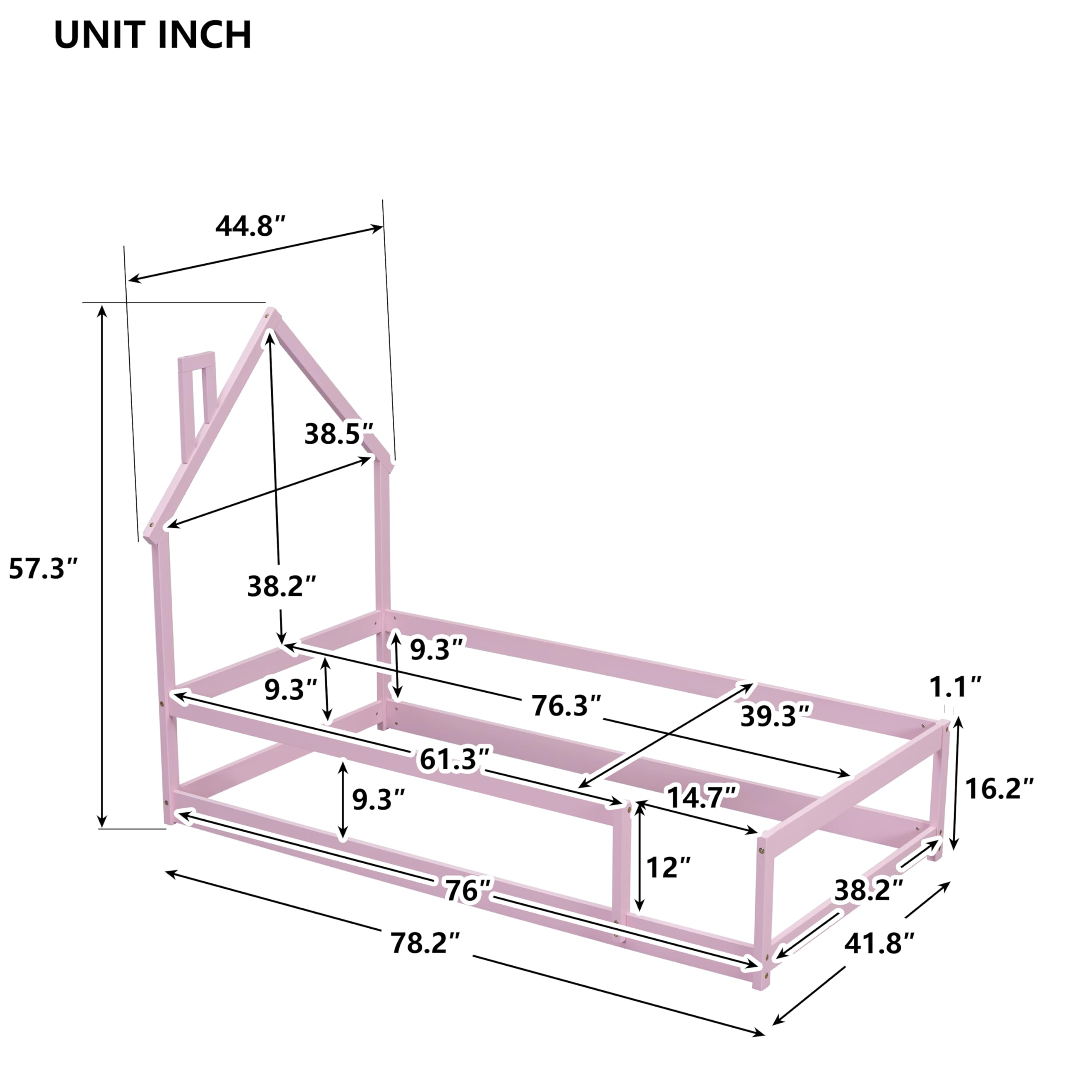 Bellemave Twin Size House-Shaped Headboard Floor Bed with Safety Fences - Wooden Montessori Kids Bed for Girls & Boys - Pink House Bed Frame for Toddler Room, Playroom & Nursery