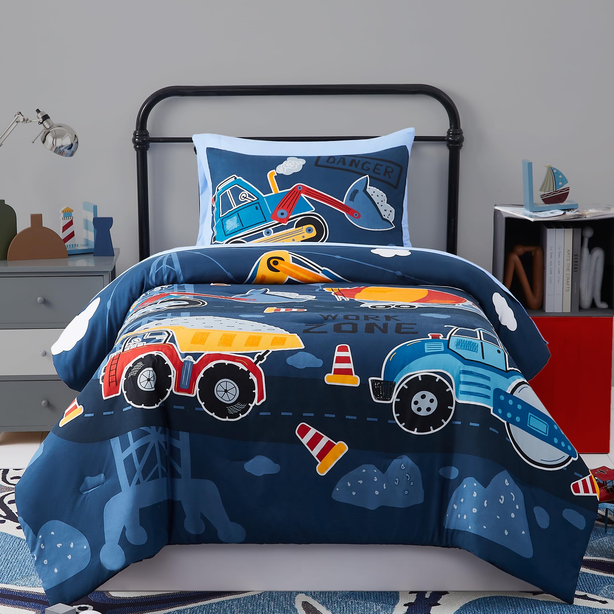 5-Piece Twin Kids Comforter Set for Boys & Girls - Glow in The Dark Truck Tractor Excavator Bedding (Includes Sheets) | Perfect for Teen Bedrooms, Sleepovers & Kids Room Decor