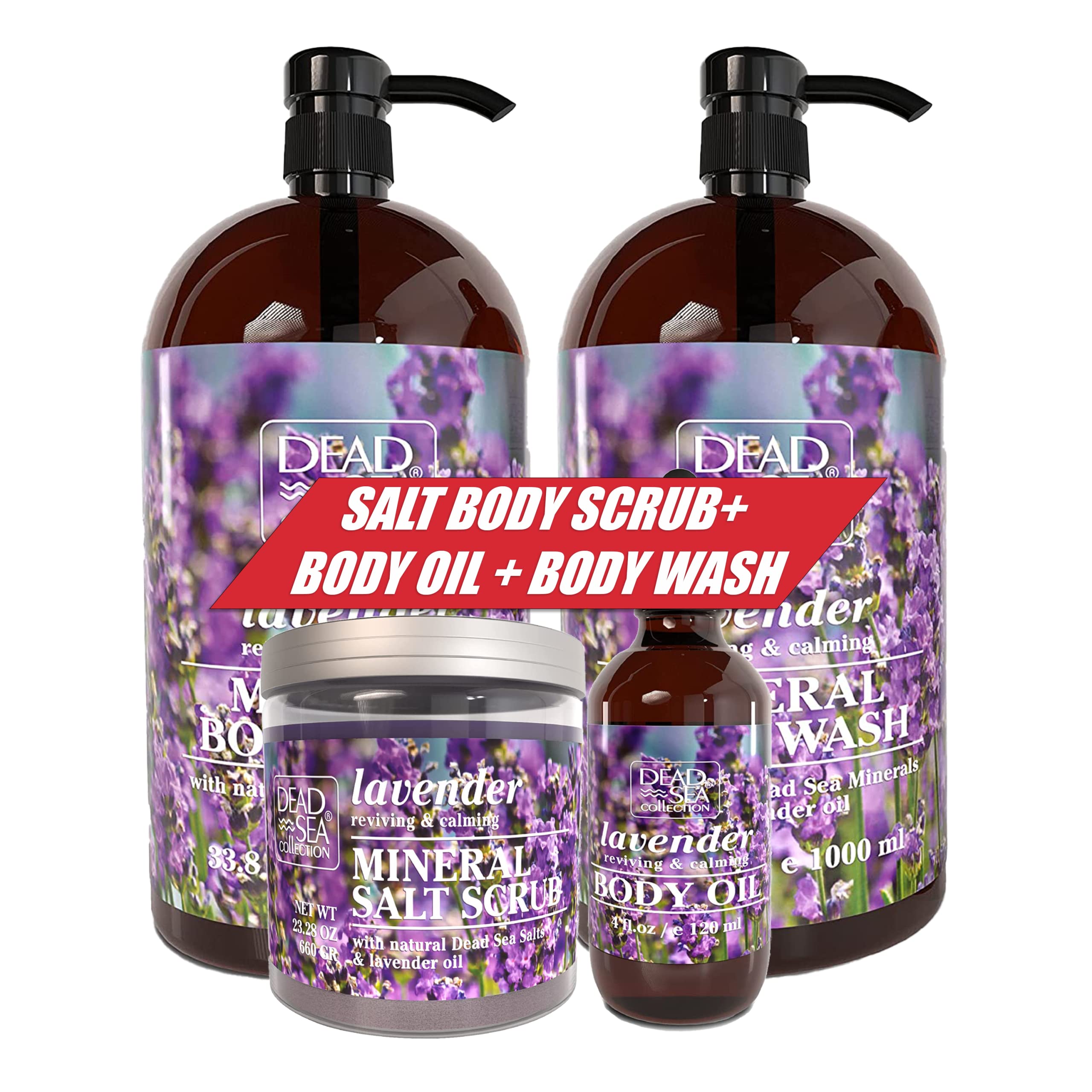 Dead Sea Collection Lavender Body Wash (67.6 fl oz) + Salt Body Scrub (23.28 oz) + Body Oil (4 fl oz) Gift Set - Moisturizing & Exfoliating Skincare Bundle for Dry Skin, Spa & Bath Relaxation