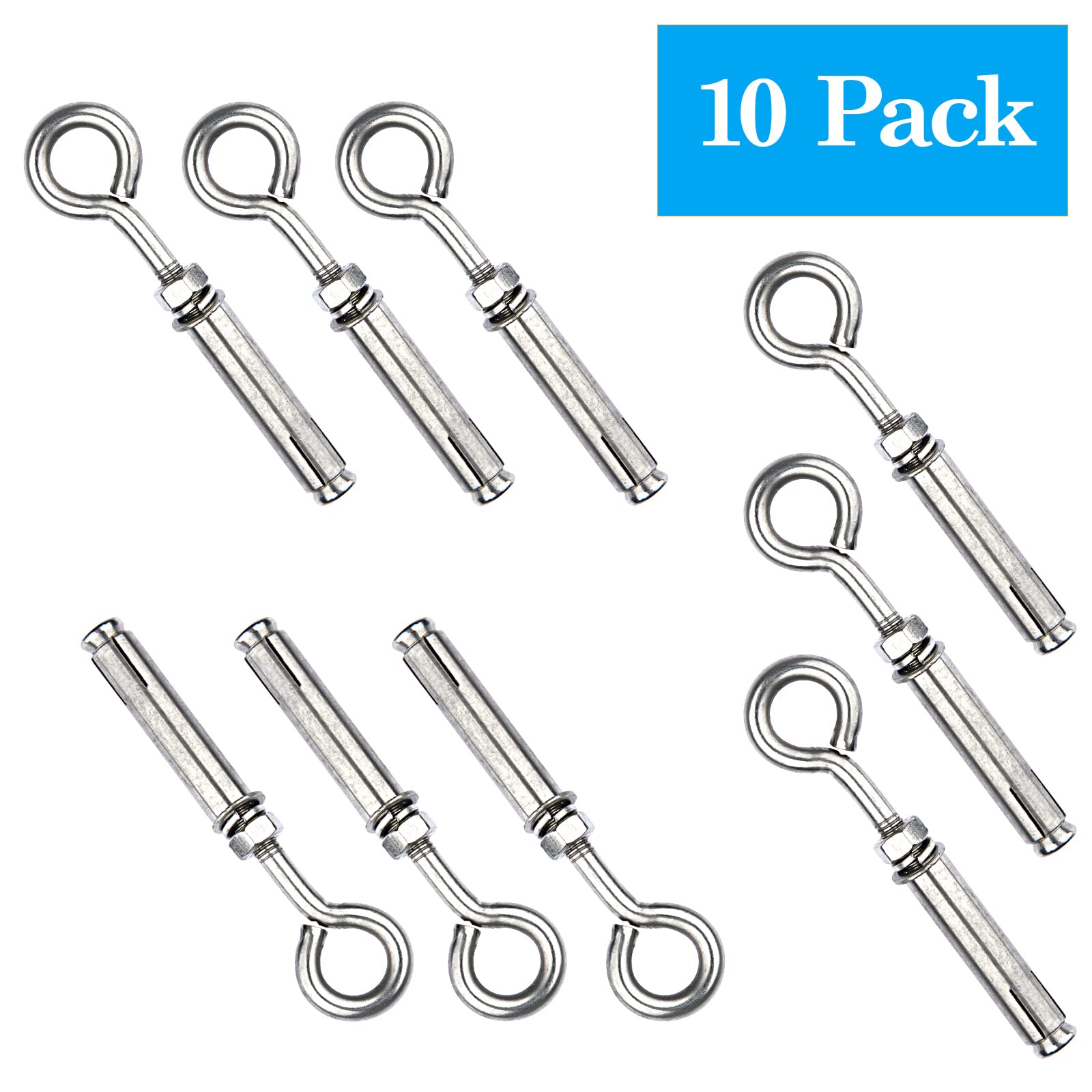 Heavy Duty M6 Shoulder Eye Bolts - Stainless Steel Wall Anchors for Concrete & Masonry - 10pcs (Ceiling & Wall Mounting)