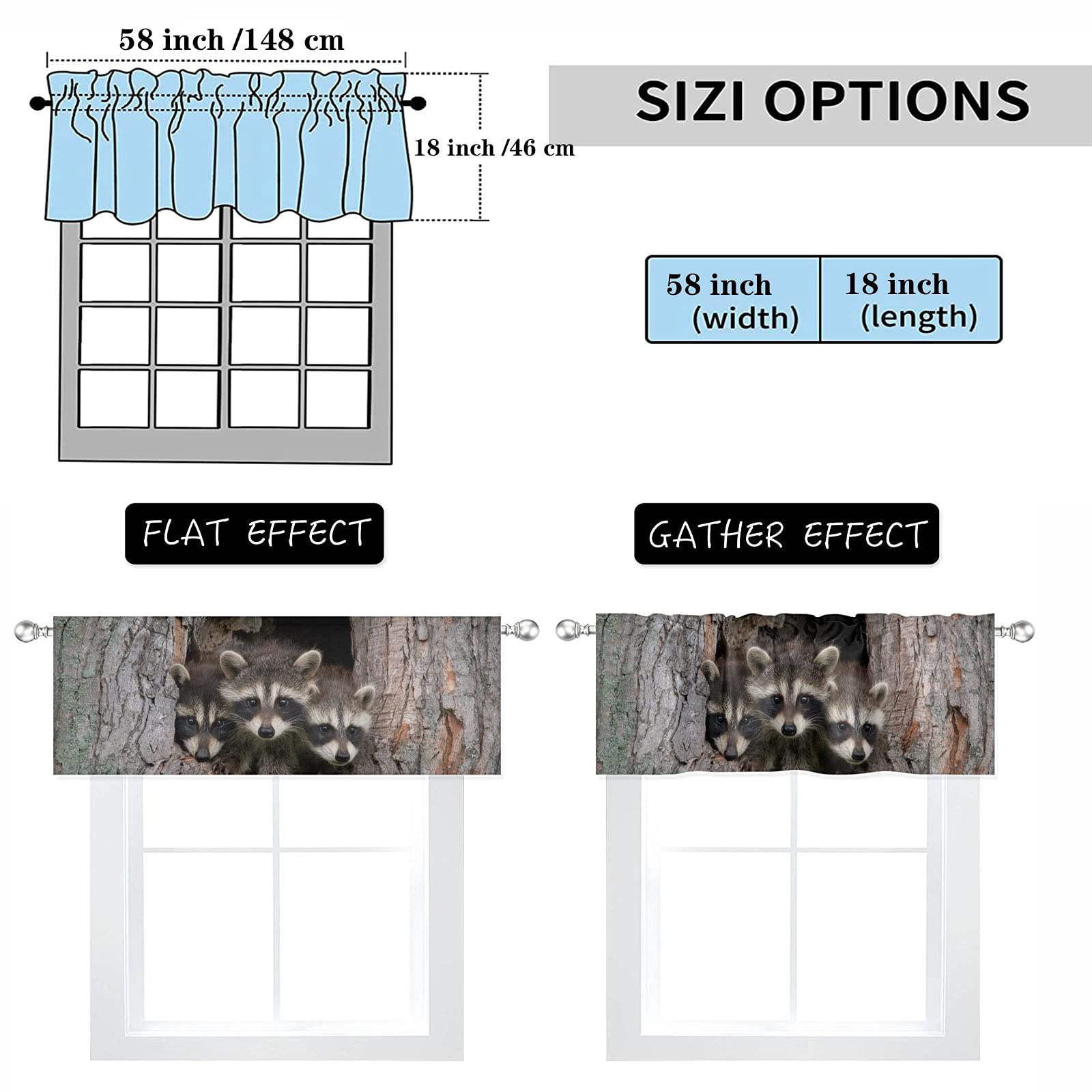 YUMOING Blackout Curtains 58x18 Inch - Cute Raccoon Forest Design, Linen Blend Window Shades for Bedroom & Kitchen Decor | Perfect for Light Blocking, Privacy & Room Darkening