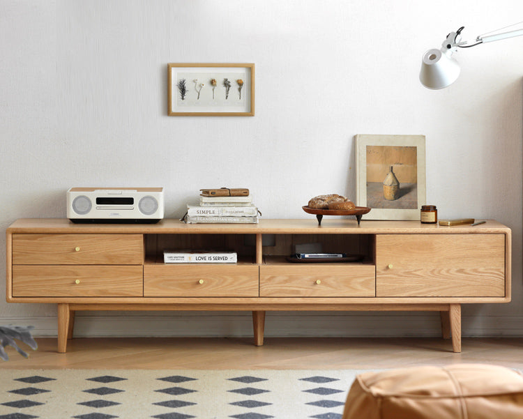 Solid Oak Wood TV Stand - Modern Entertainment Center with Storage Shelves for Living Room, Bedroom & Home Theater