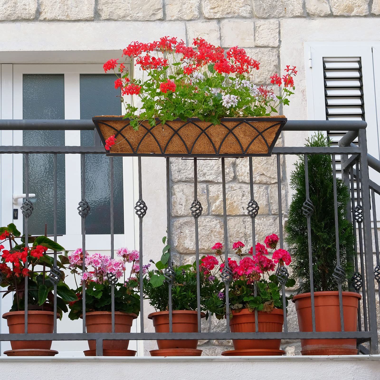 8 Pack 24 Inch Black Metal Window Box Planters with Coconut Liner - Outdoor Hanging Flower Pots for Deck Railing, Balcony, Fence, Porch & Patio - Perfect for Herbs, Flowers & Small Plants Decoration