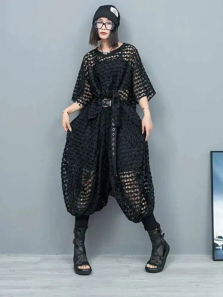 Big Size Mesh T-Shirt & Wide Leg Pants Two-Piece Set - Women's Fashion Round Neck Short Sleeve Outfit for Spring Summer 2025 | Casual Wear, Beach Vacation, Street Style (Style# 1DH6432)