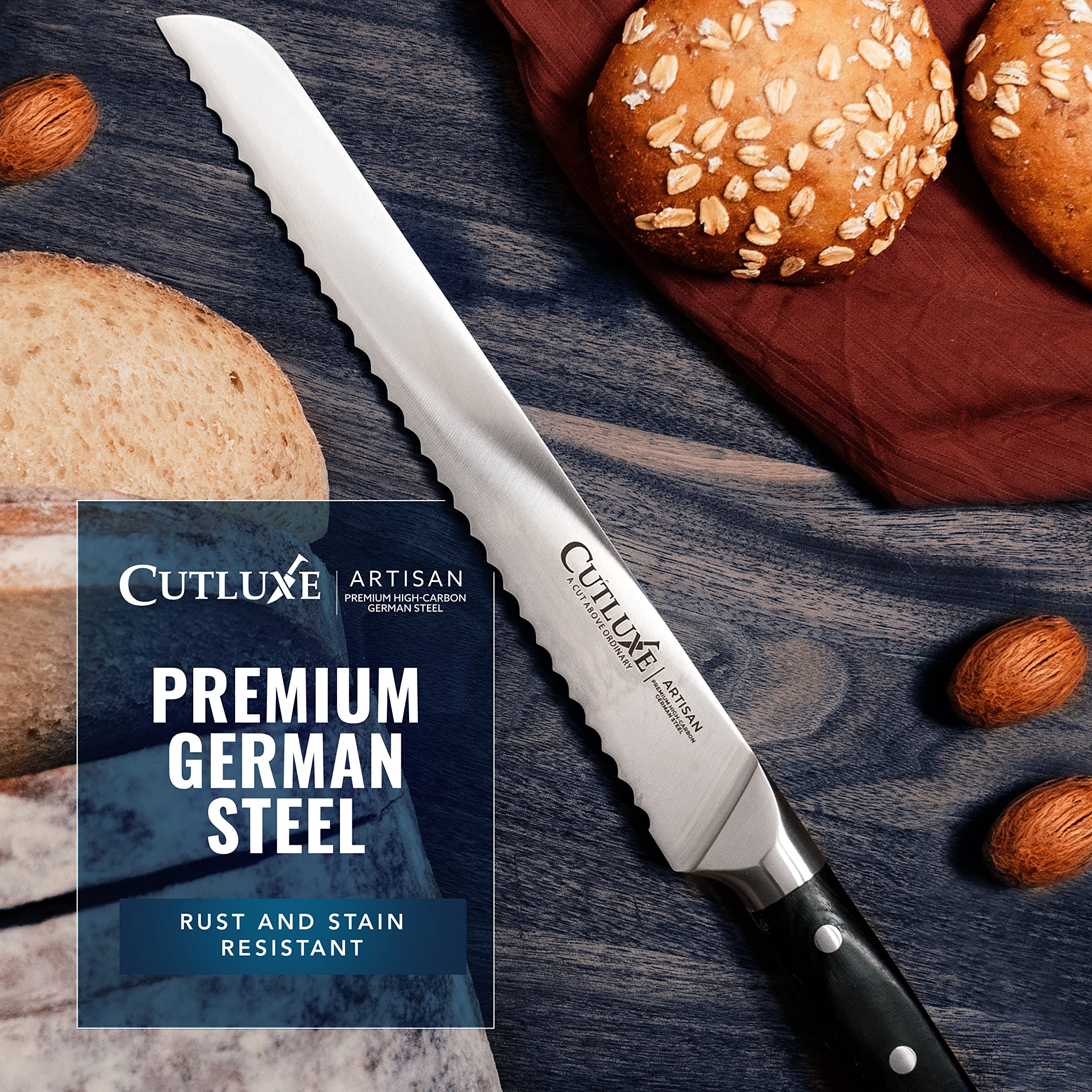 Cutluxe 10-Inch Serrated Bread Knife – High Carbon German Steel Blade for Sourdough & Homemade Bread – Razor Sharp Full Tang Knife with Ergonomic Handle – Perfect for Bakeries, Kitchens & Artisan Bread Making