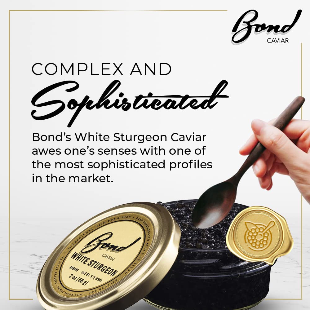 Premium White Sturgeon Caviar - Gourmet Black Caviar Roe with Glossy Golden Pearls, Malossol Sea Salt Cured - 2oz (56g) Glass Jar - Luxury Gift for Special Occasions, Fine Dining & Celebrations - Overnight Shipping Available