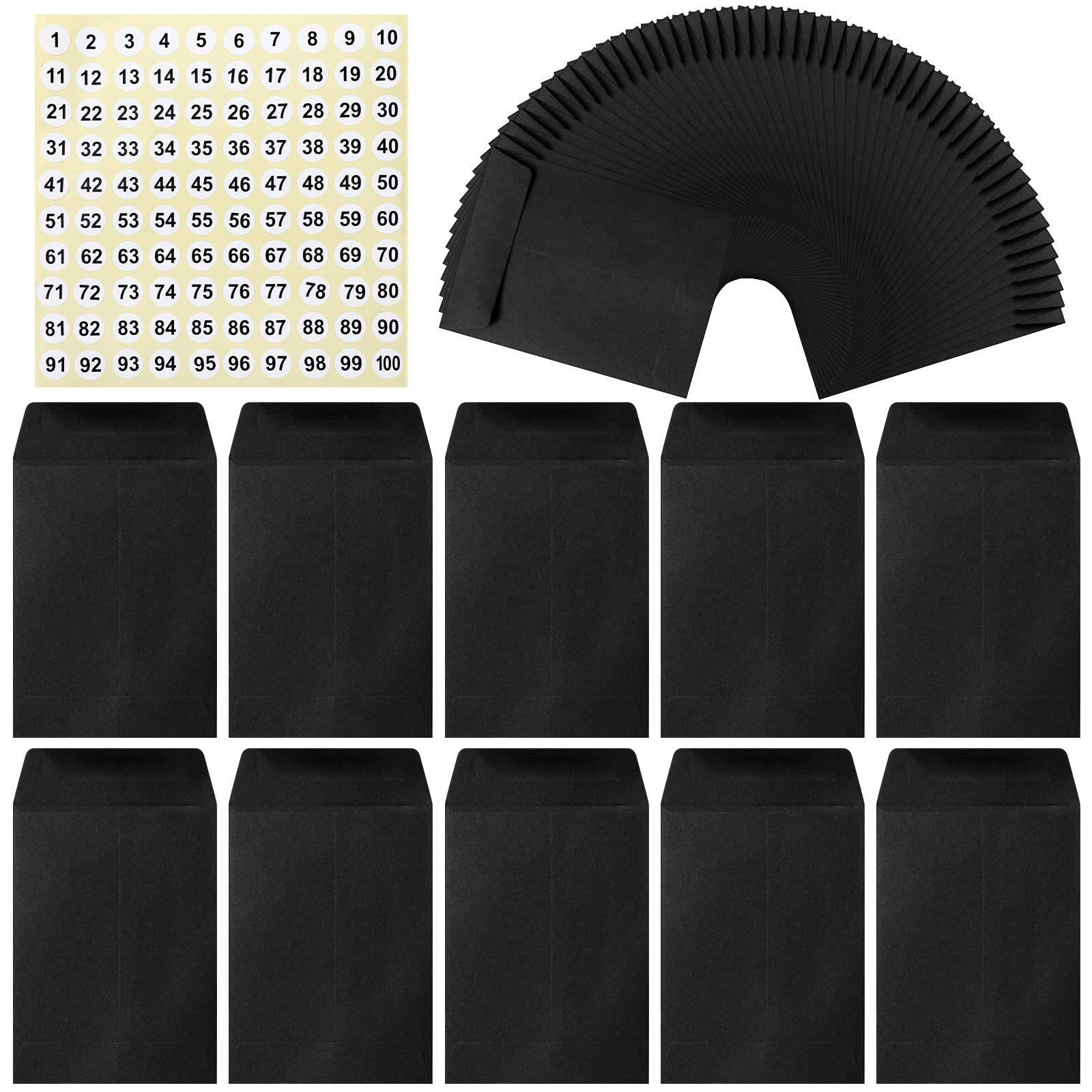 100 Pack 4x3 Inch Small Coin Envelopes with Stickers - Cash Saving Challenge, Budgeting, Checks & Gift Card Organizer for Home, Office, Banking (Black) | Perfect for Money Management, DIY Projects & Small Item Storage