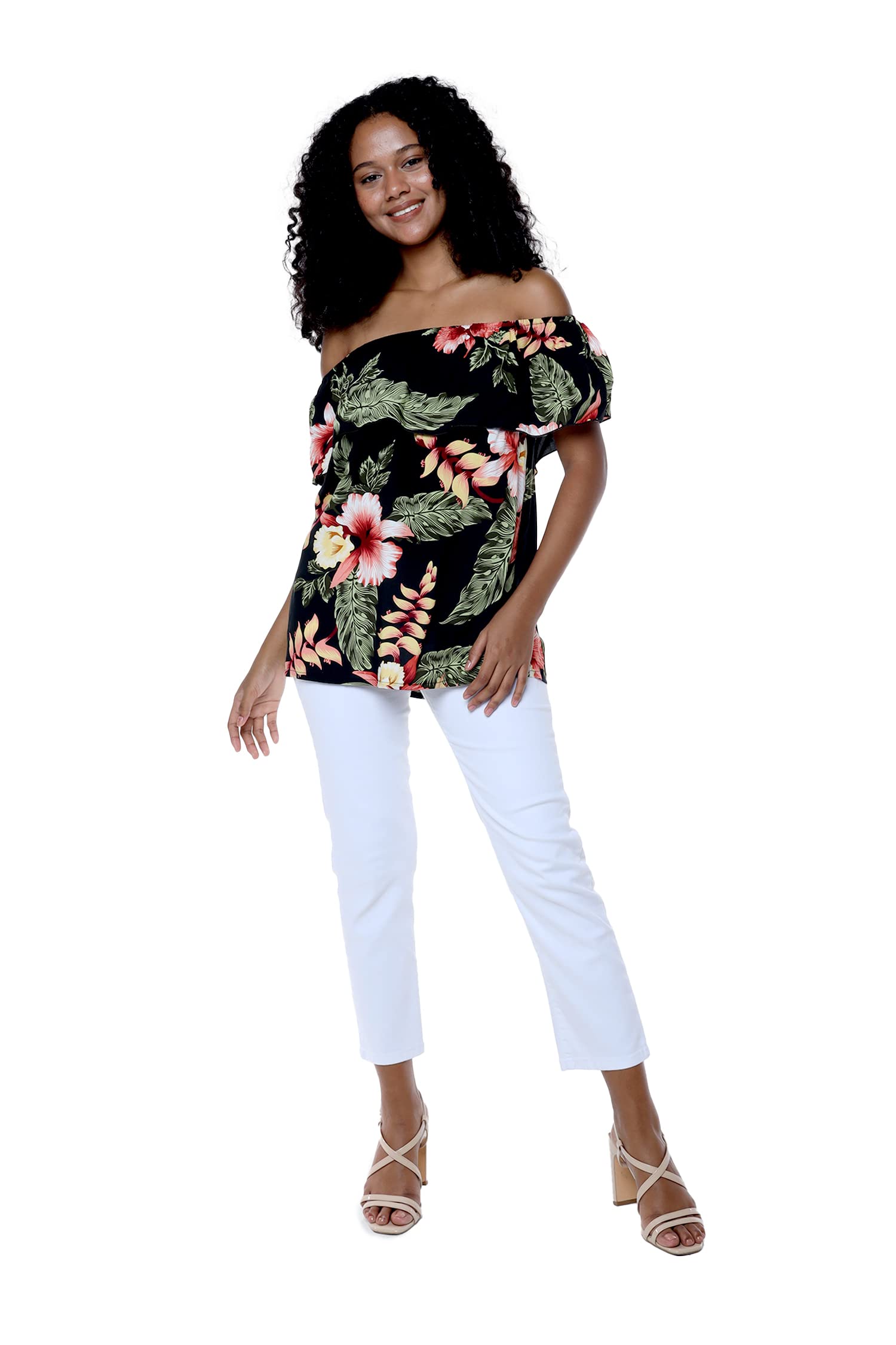 Women's Hawaiian Off-Shoulder Ruffle Muumuu Top Floral Print - Beach Vacation, Summer Party & Boho Outfit Essential