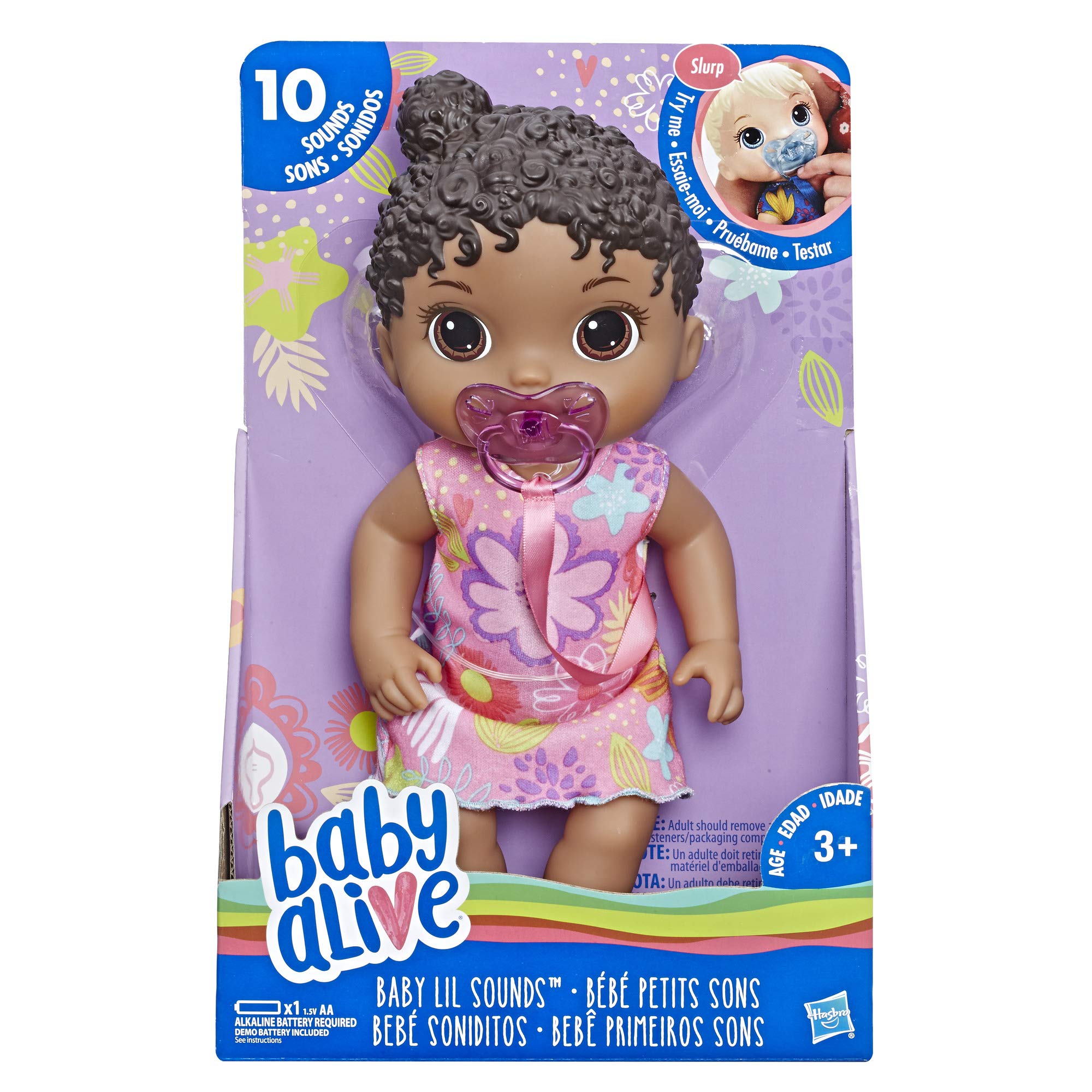 Baby Alive Lil Sounds Interactive Black Hair Baby Doll for Kids Ages 3+ | 10 Realistic Sound Effects (Giggles, Cries) with Pacifier | Perfect Gift for Toddlers, Pretend Play & Role Playing Games