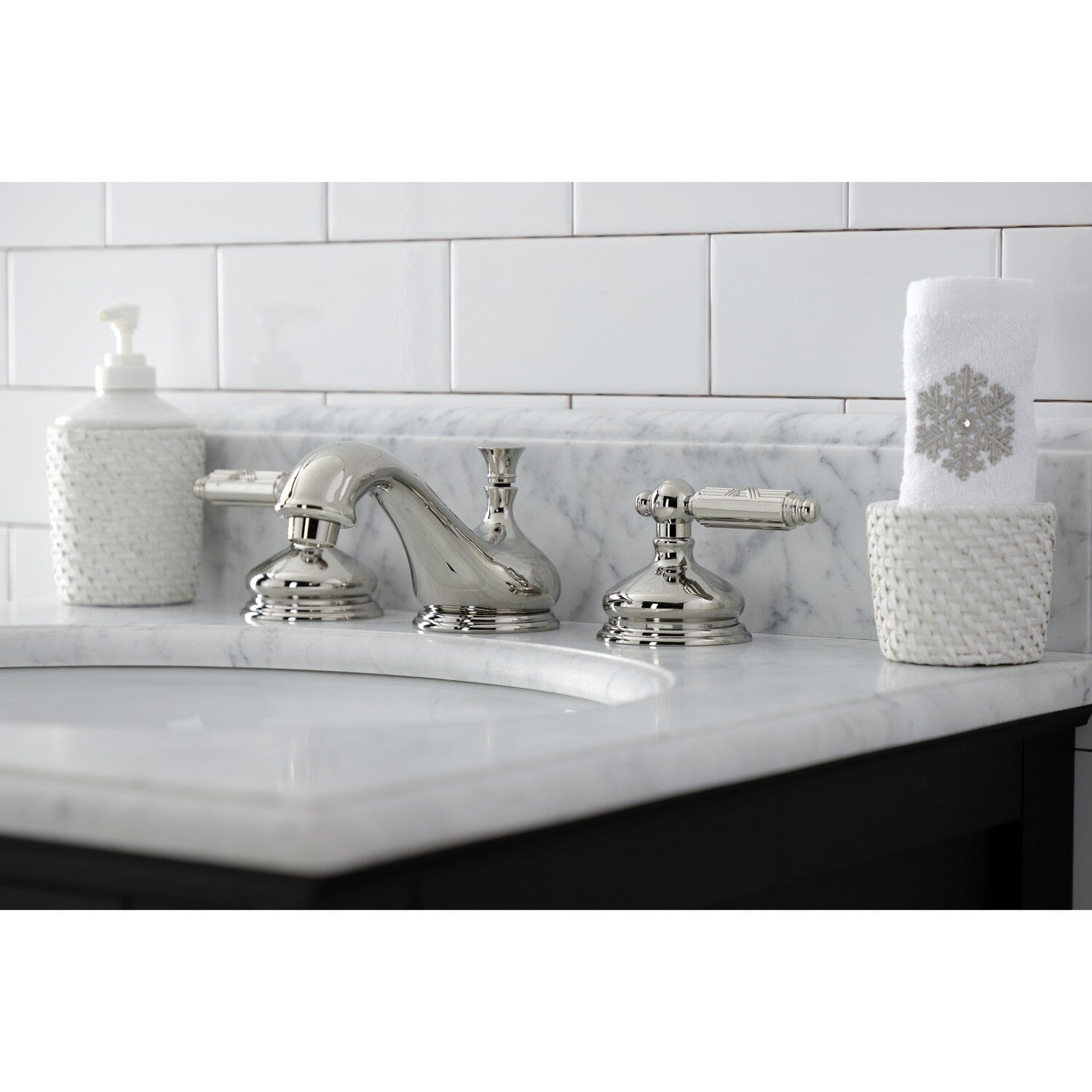 Georgian Two Handle 3 Hole Deck Mount Widespread Bathroom Faucet with Brass Pop Up - Elegant Vintage Style Sink Faucet for Bathroom Vanity & Powder Room Upgrade