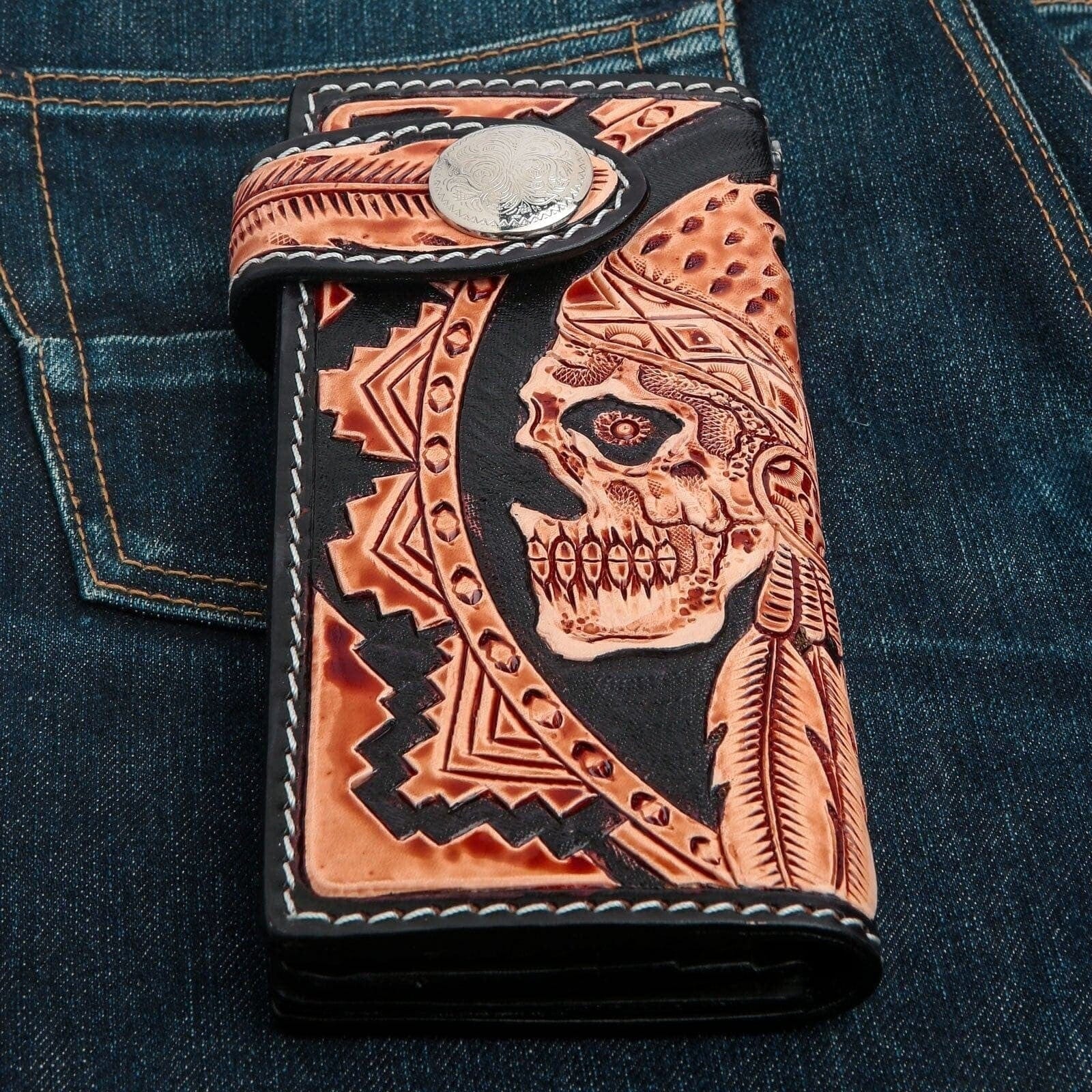 Genuine Leather Indian Skull Biker Wallet for Men - Handmade Motorcycle Wallet with Chain - Perfect for Bikers, Riders & Outdoor Enthusiasts