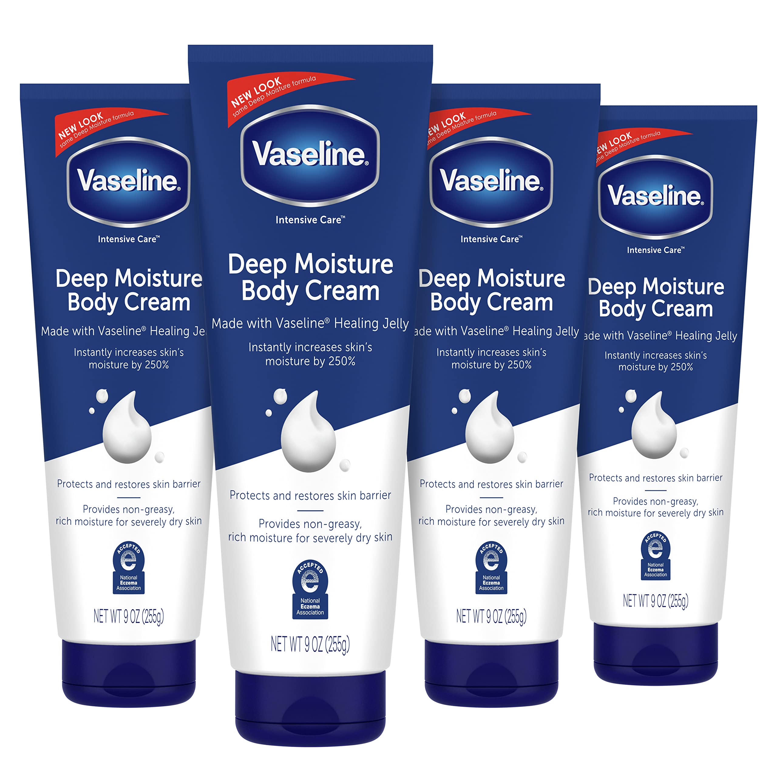 Vaseline Intensive Care Deep Moisture Body Cream with Healing Petroleum Jelly & Vitamin E - 4 Pack (9 oz Each) for Dry Skin - Rich & Smooth Formula for Daily Hydration & Skin Repair - Perfect for Winter Care, Cracked Heels & Full Body Moisturizing