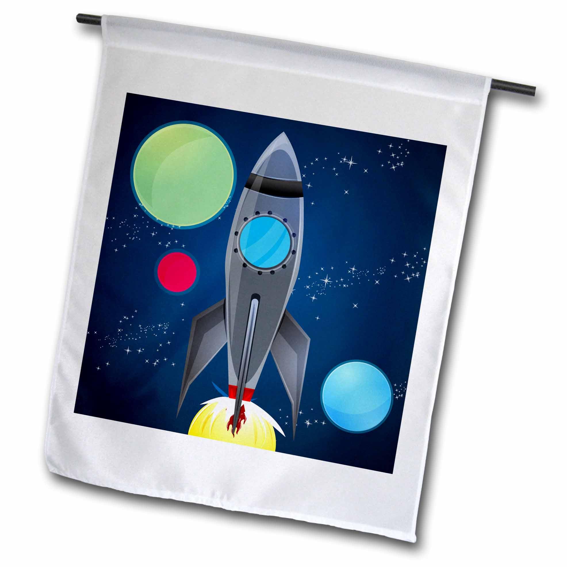 3D Rose Boys Rocket Ship with Planets Design - Dark Blue Garden Flag 12x18 Inch | Outdoor Decoration for Yard, Patio & Garden