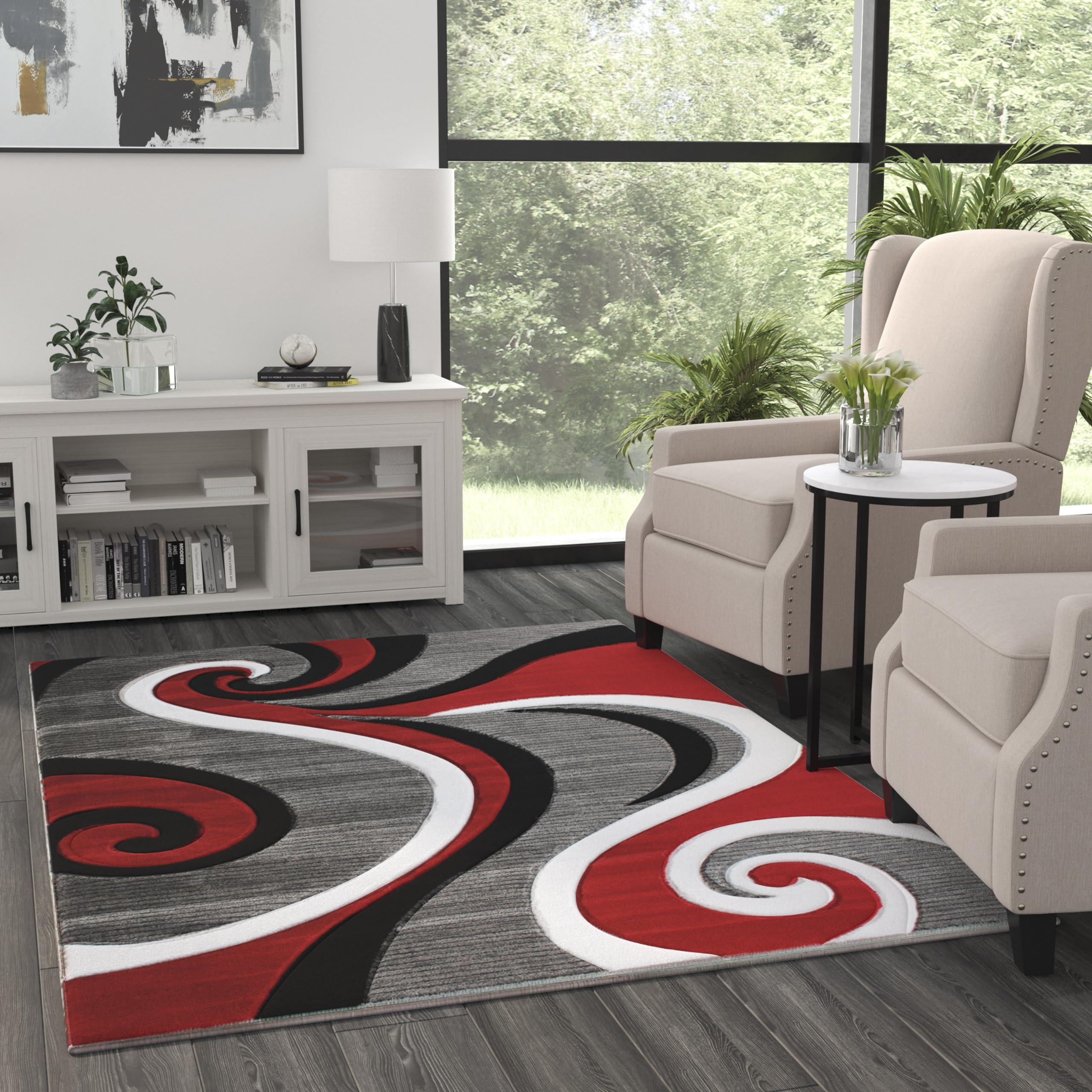 5' x 7' Red Abstract Area Rug - Soft Olefin Rug with Non-Slip Jute Backing - Perfect for Hallway, Entryway, Bedroom or Living Room - Adds Modern Style to Any Home Decor