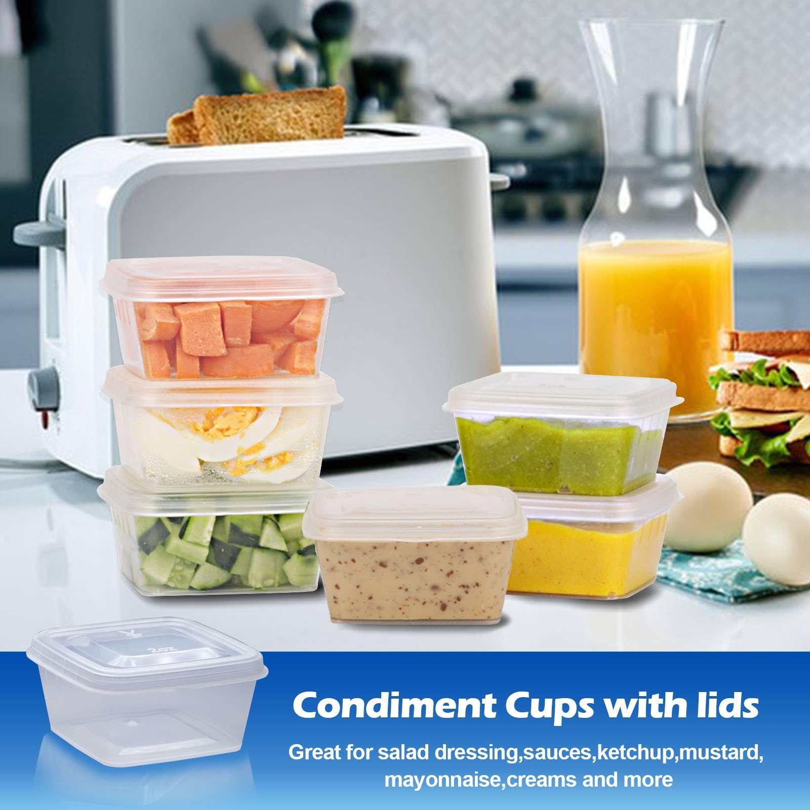 2 oz Plastic Containers with Lids (200 Pack) - Disposable Condiment Cups for Sauce, Jello Shots, Souffle - Square Portion Cups for Restaurants, Catering, Parties & Food Storage