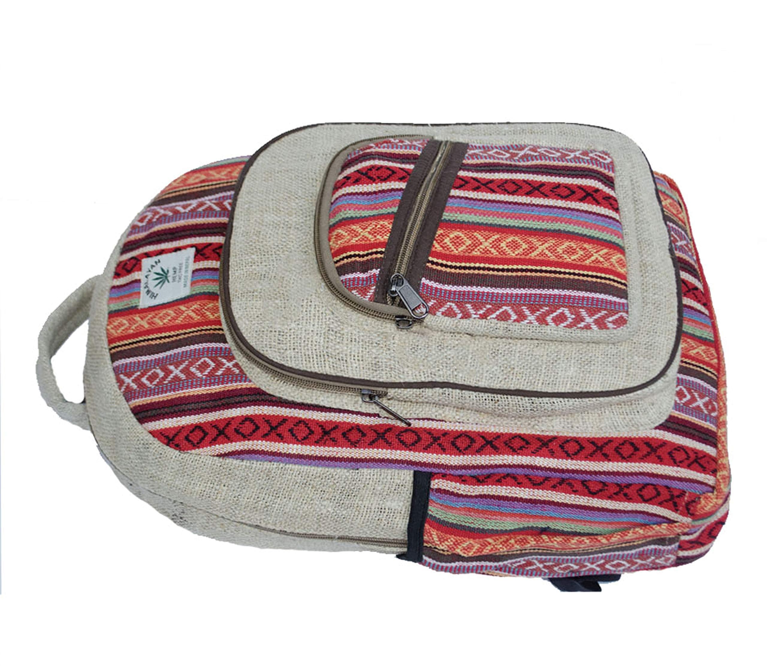 Eco-Friendly Handmade Hemp Backpack - Large Boho Laptop Bag with Multiple Pockets | 100% Natural Hemp Fabric | Perfect for Travel, Hiking & College (Tribal Stripe Design)
