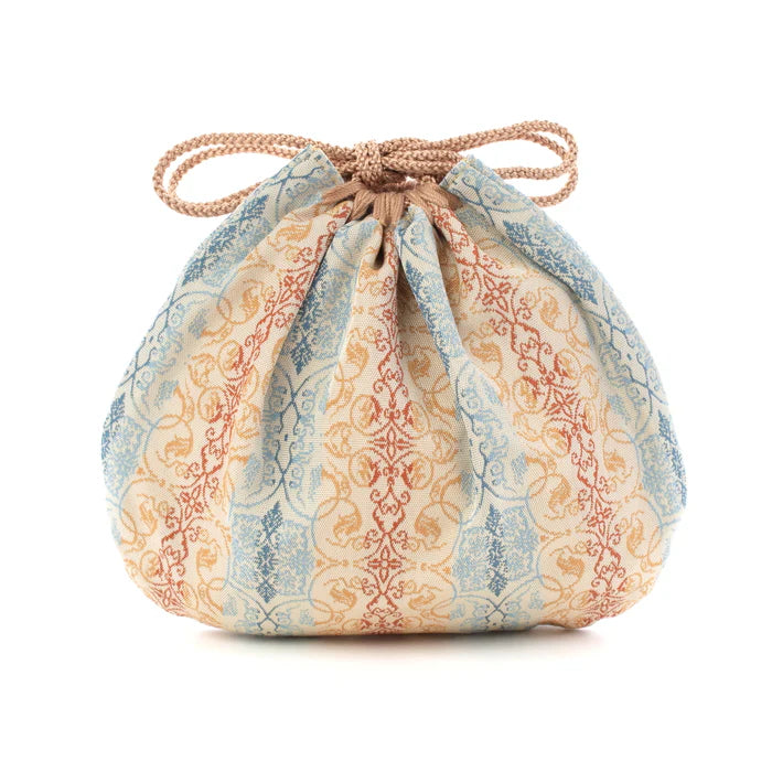 Nishijin Ori Small Drawstring Bag - Grapevine Brown & Blue - Handmade Kyoto Japan - Traditional Japanese Craft Purse - Perfect for Jewelry Storage & Gift Giving