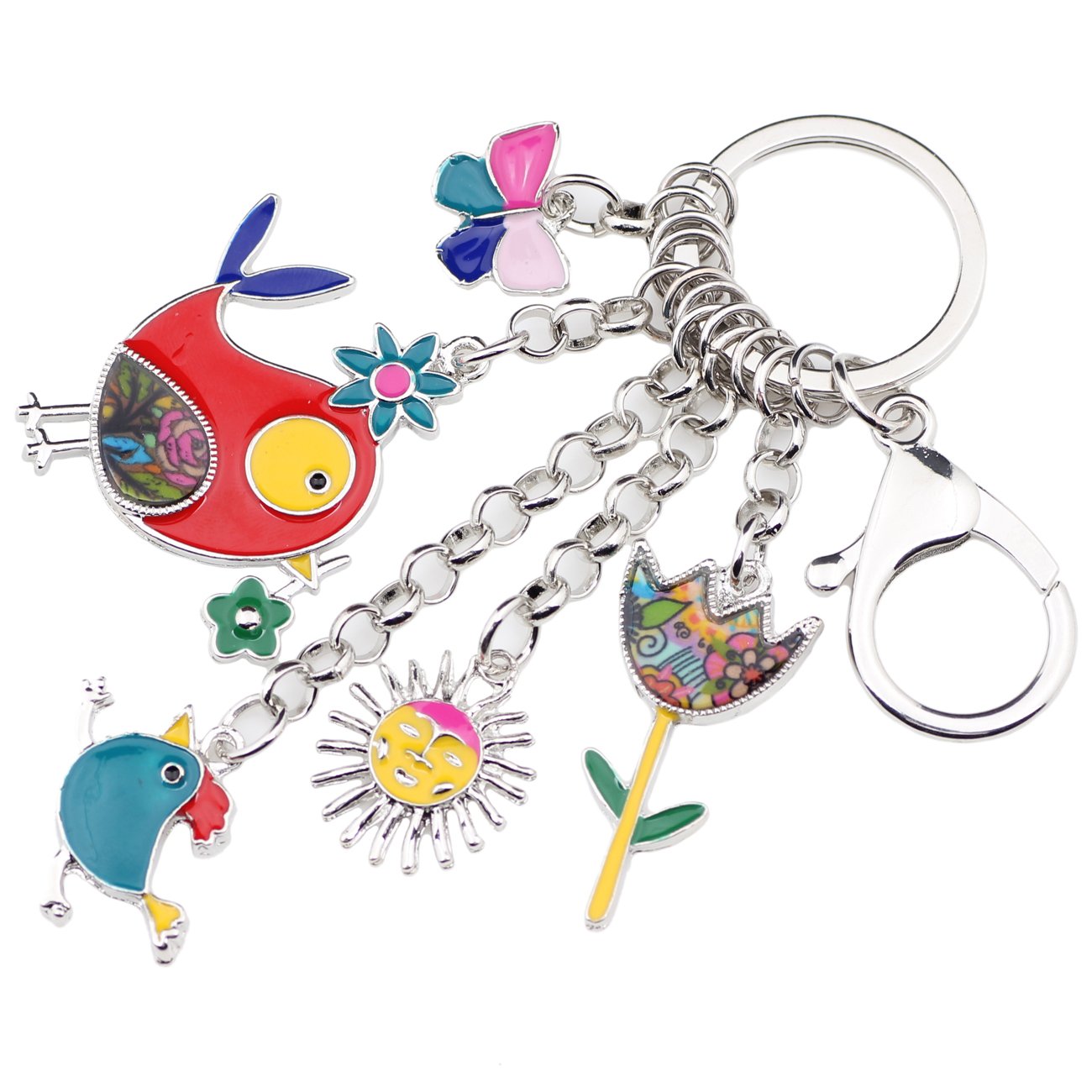 BONSNY Enamel Zinc Alloy Keychain Set - Elegant Birds, Flowers & Butterfly Charms for Women's Handbags, Car Keys & Backpacks | Perfect Gift for Her, Daily Use & Travel Accessories