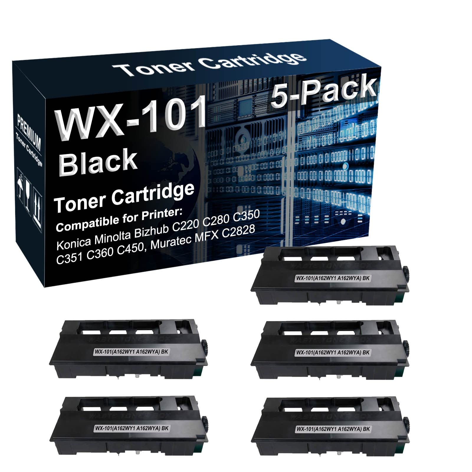 5-Pack High Capacity WX101 WX-101 A162WY1 A162WYA Compatible Toner Waste Cartridge for Konica Minolta Bizhub C220 C280 C350 C351 C360 C450 Laser Printers (Black) - Perfect for Office & Home Printing Needs