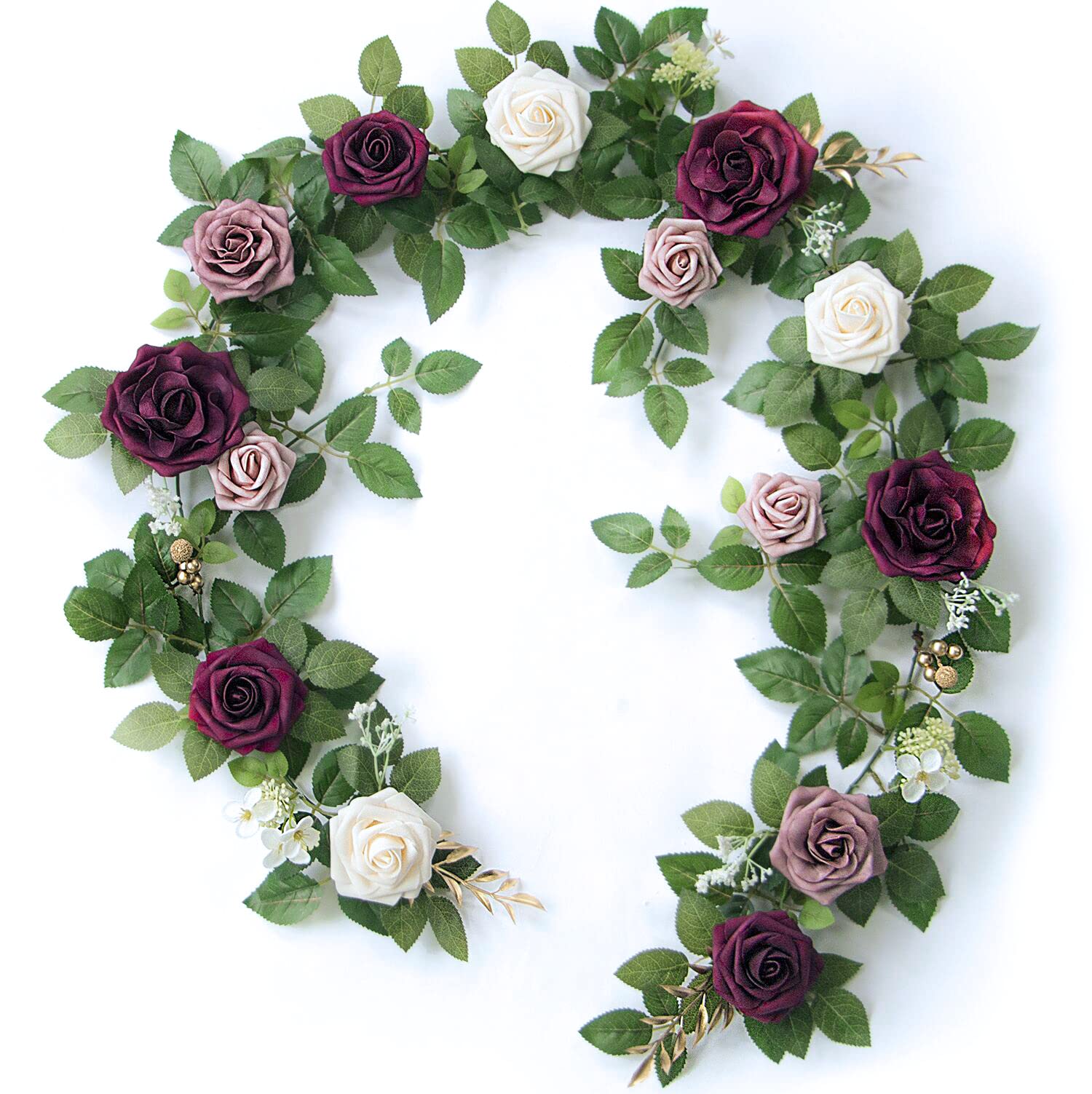 PONATIA 5FT Handcrafted Burgundy Artificial Rose Garland - Dusty Rose Silk Flowers for Wedding Arch Backdrop, Christmas Decor, Table Centerpiece - Perfect for Ceremony Decorations, Holiday Party, Home & Event Decor
