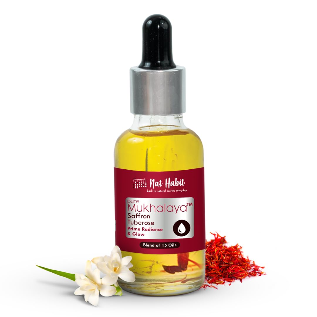 NAT HABIT Saffron Tuberose Mukhalaya Face Oil for Women - 15ml | Blend of 15 Cold Pressed Oils for Skin Radiance, Glow & Dullness Removal | Perfect for Daily Skincare Routine & Special Occasion Glow