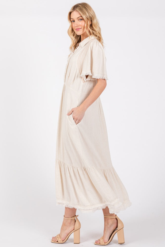 Beige Collared Pocketed Midi Dress for Women - Elegant Casual & Office Wear - Perfect for Work, Date Night & Special Occasions