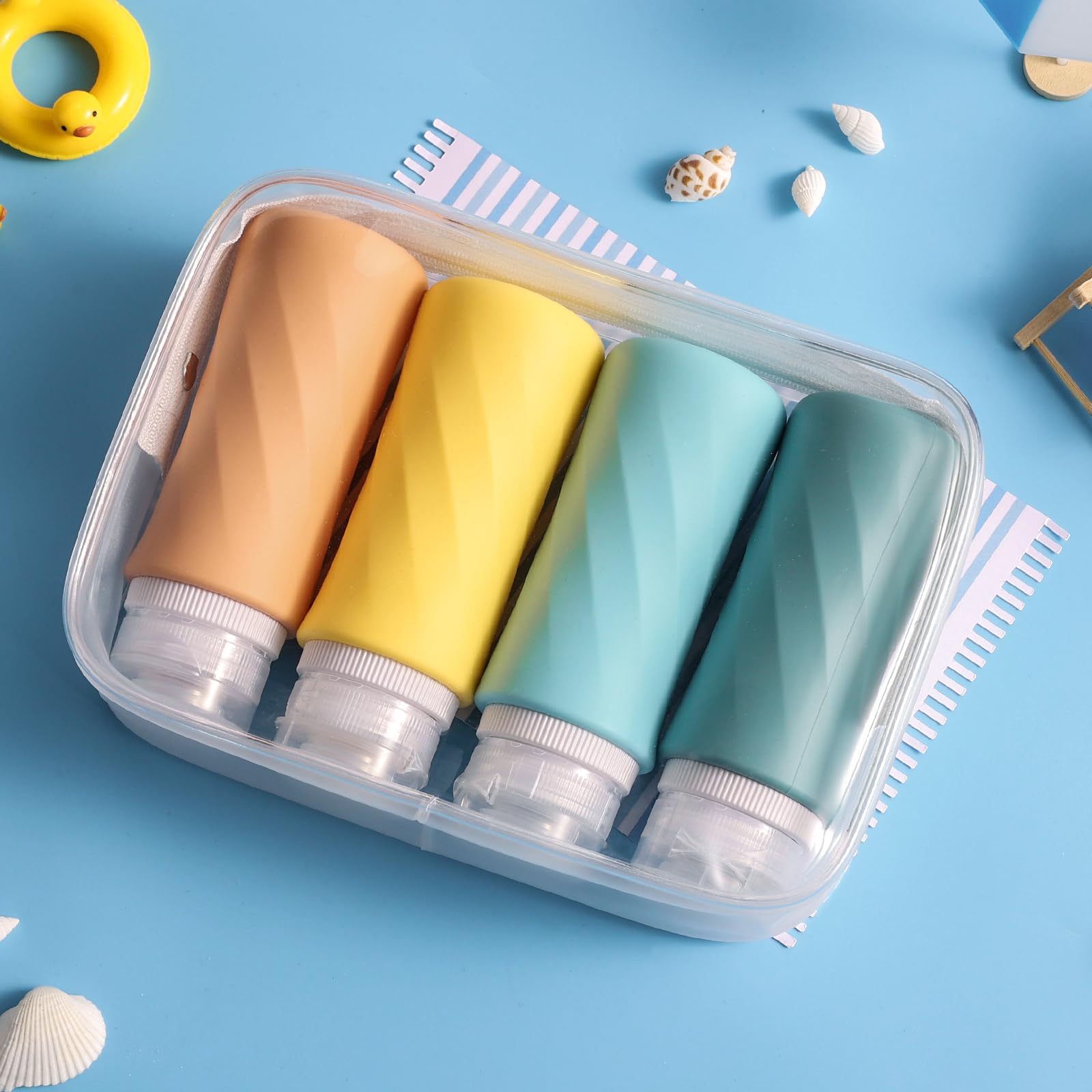 TSA Approved 3.3oz Travel Bottles for Toiletries - 4 Pack Leak Proof Squeezable Silicone Containers with Clear Toiletry Bag | BPA Free, Portable & Reusable | Perfect for Air Travel, Gym, Camping & Vacation Essentials