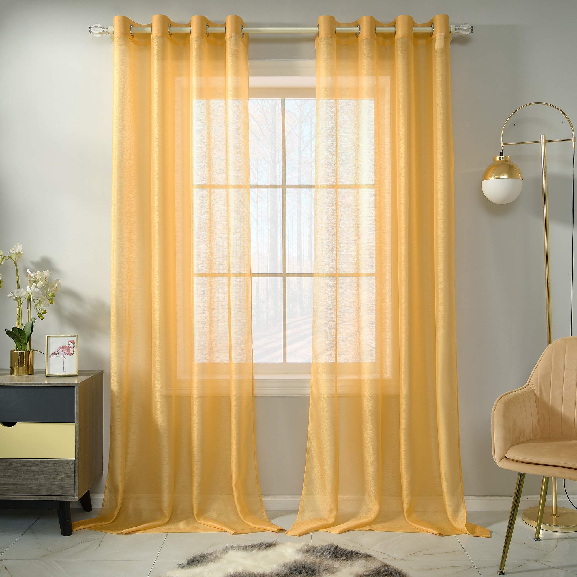 Amber Yellow Sheer Curtains 95 Inch Length - Set of 2 Panels, Voile Translucent Drapes with Grommet Top for Living Room & Dining Room Windows (52x95 Inches) - Elegant Textured Window Treatments for Natural Light Filtering & Home Decor