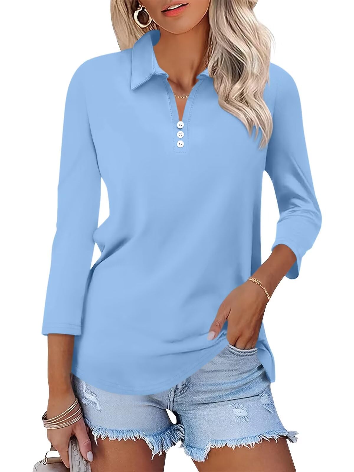 ORANDESIGNE Women's 3/4 Sleeve V-Neck Polo Button-Down Shirts - Casual Summer Basic Tees for Work, Golf & Everyday Outfits