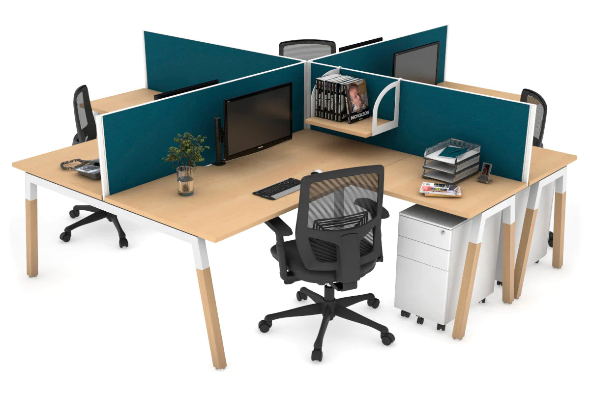Quadro Wood A Legs Cross Beam 4-Person Corner Workstation Desk - 1600L x 1800W with Cable Management Scallop - Perfect for Office, Home Workspace & Collaborative Environments