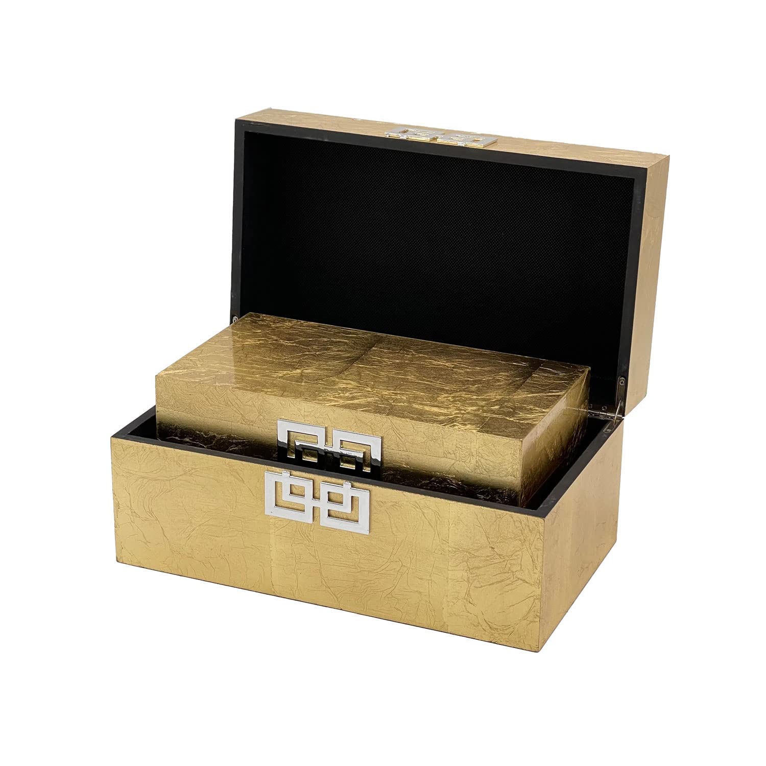 Galt International Wooden Storage Box Set with Hinged Lid - Classic Decorative Storage Box with Geometric Clasp for Bedroom, Living Room & Home Organization - Set of 2 (Gold Leaf) - Perfect for Jewelry, Keepsakes & Home Decor Display