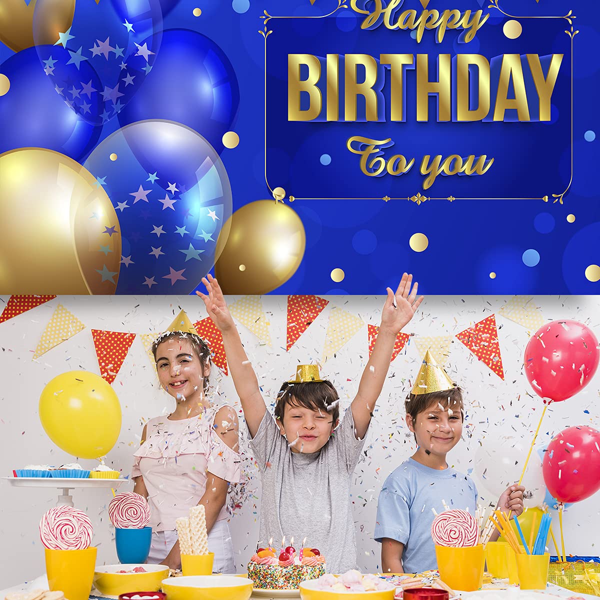 Blue & Gold Glitter Happy Birthday Backdrop Banner - 71x49 Inch Party Decor for Photo Booth, Cake Table, Wall Decorations | Premium Birthday Party Supplies for Adults & Kids Celebrations