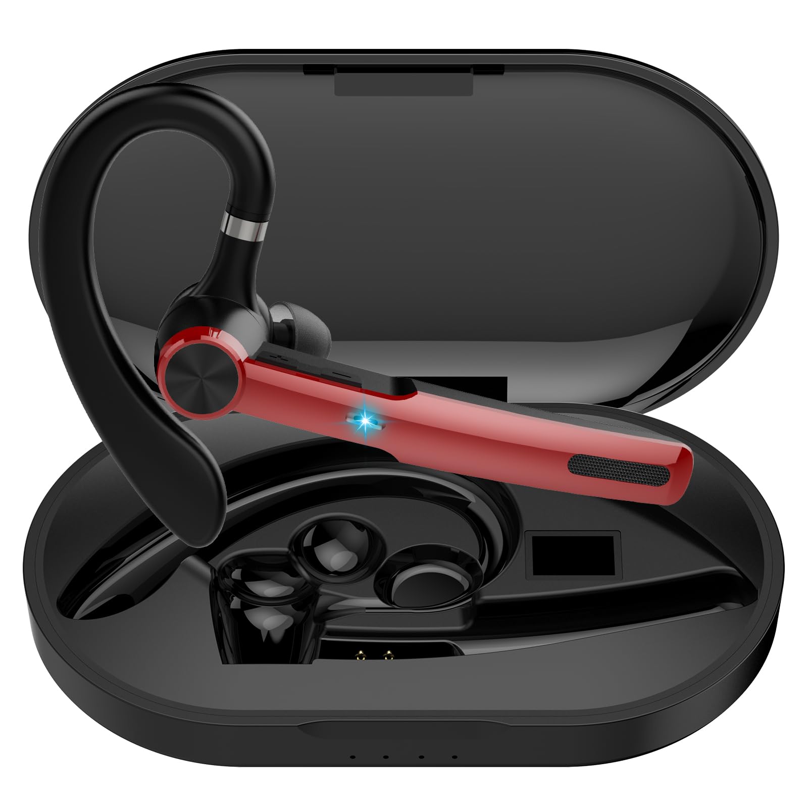 Wireless Bluetooth Headset with ENC Mic - 60H Talk Time, Single-Ear Bluetooth Earpiece V5.3, 400mAh Charging Case, IP7 Waterproof - Hands-Free Headphones for iPhone & Android (Red) - Perfect for Driving, Office Calls & Online Meetings