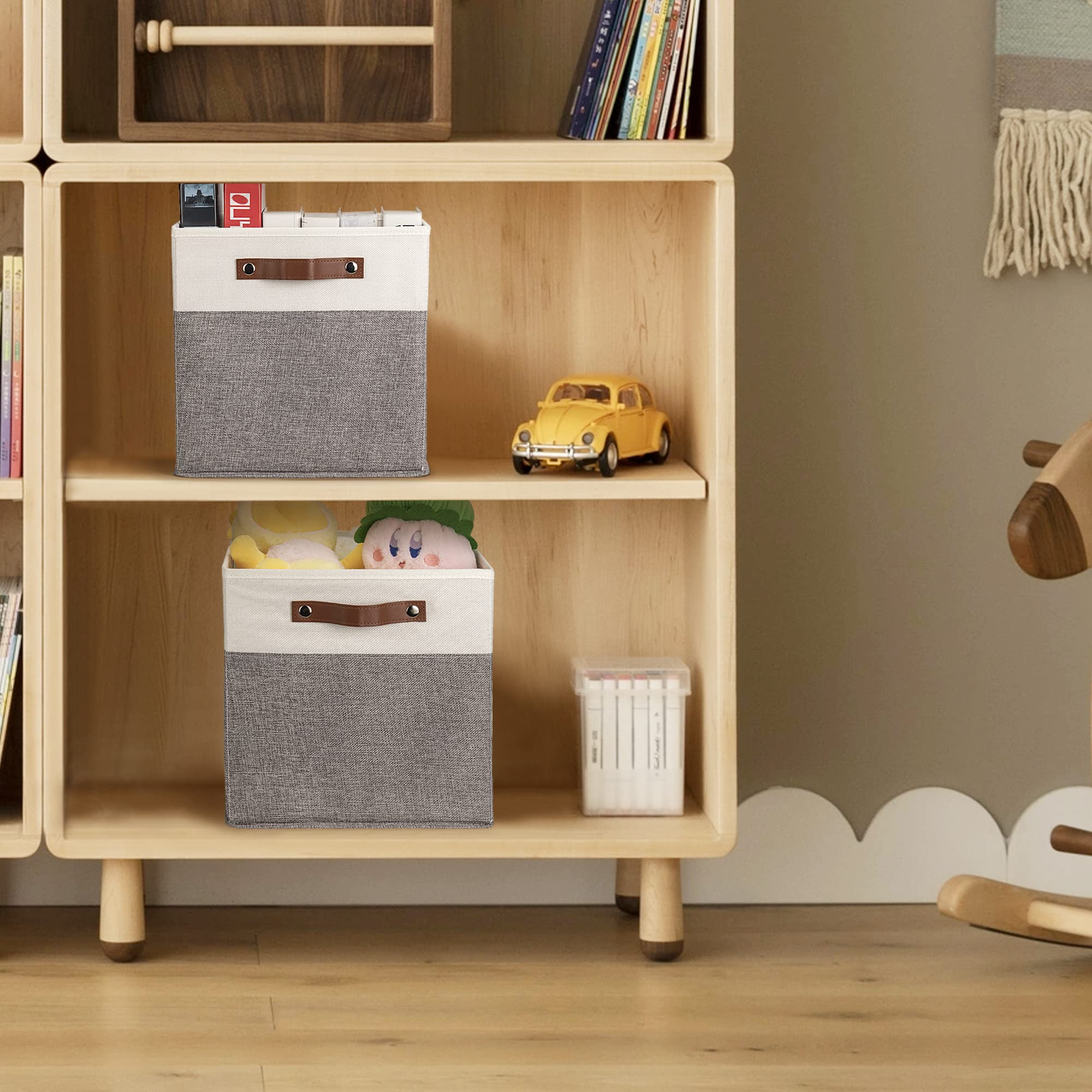 Foldable Cotton Flax Storage Box Set of 2 with Leather Handle - Collapsible Storage Bins for Nursery, Kids Room, Toys & Home Organization (30.5x30.5x30.5 cm) - Perfect for Closet, Shelf & Underbed Storage