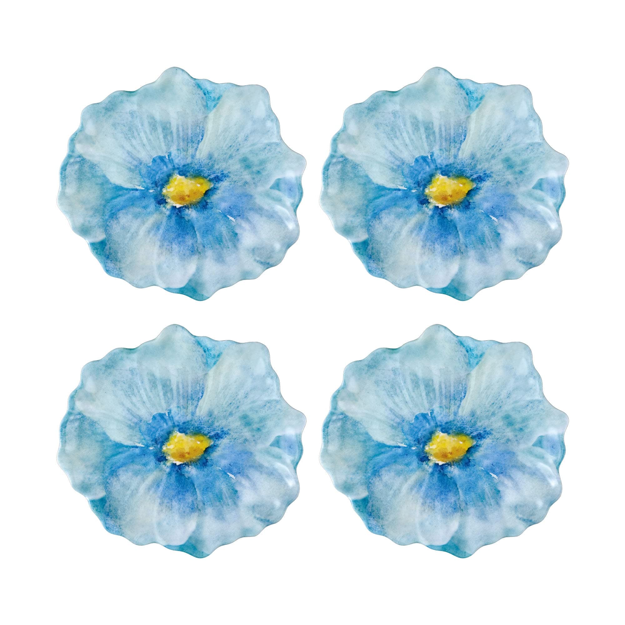 UPware Sky Blue Floral Melamine Dessert Plates - Floral-Shaped Small Serving Plates for Appetizers, Snacks, Side Dishes - 7.5 x 7 Inch Set of 4 - Perfect for Parties, Picnics, and Tea Time