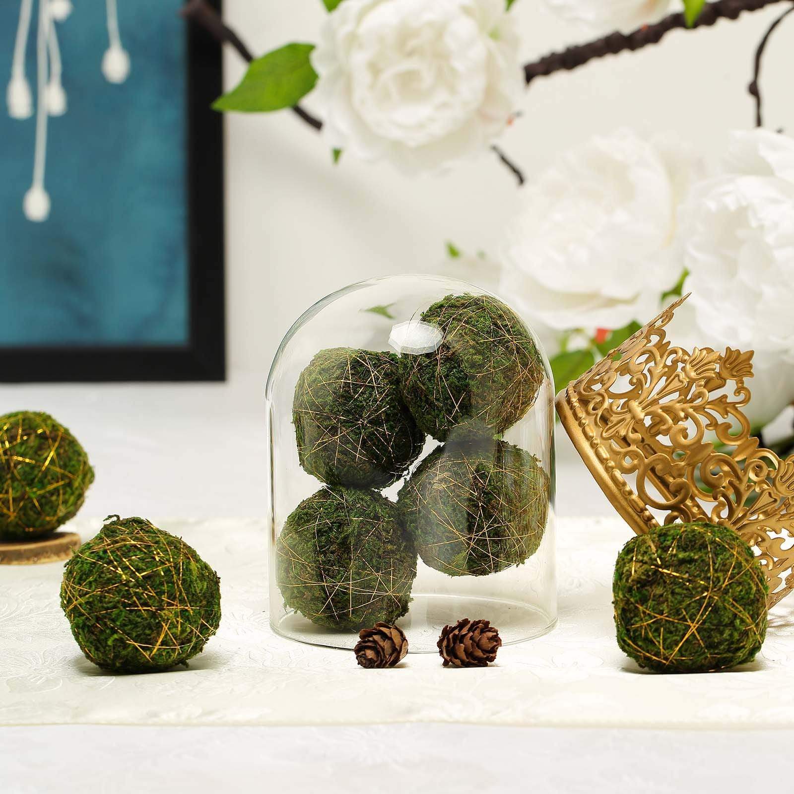 12 Pack Natural Moss Ball Ornaments with Gold String - Vase Fillers for Home Decor, Terrariums, and Wedding Centerpieces - Green Decorative Balls for DIY Crafts and Floral Arrangements