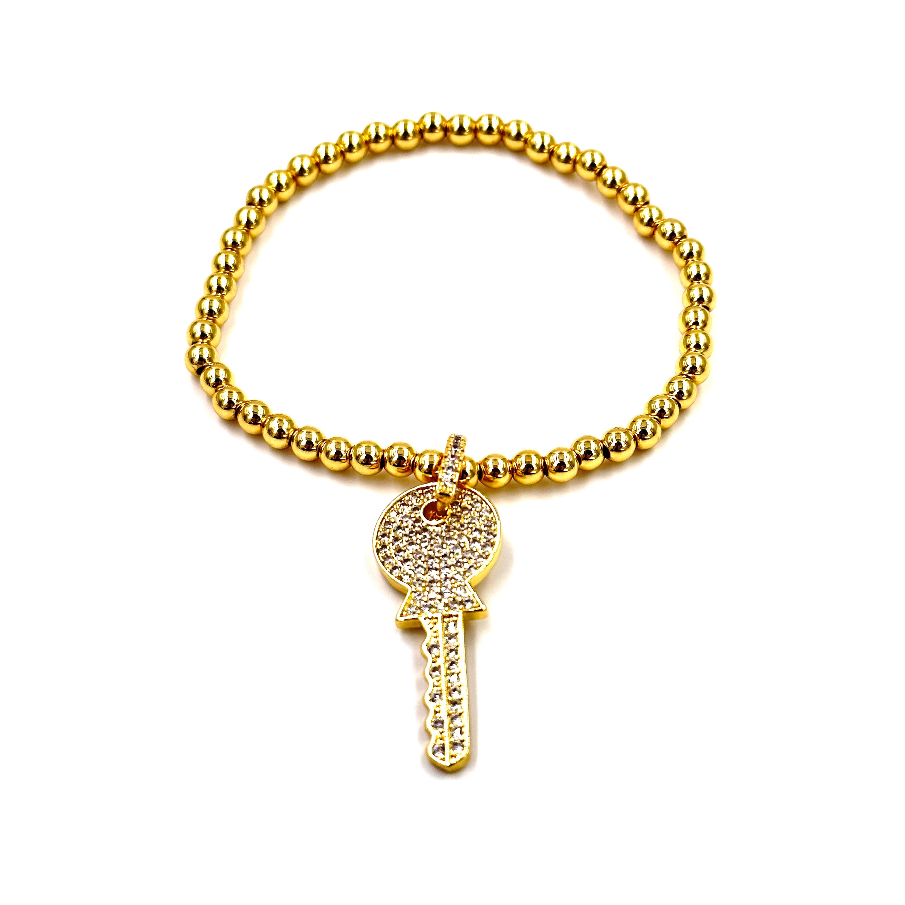 Ashley Gold Stainless Steel 4MM Stretch Beaded Bracelet with CZ Charms - Elegant Jewelry for Women, Gift for Her, Perfect for Parties, Weddings & Special Occasions