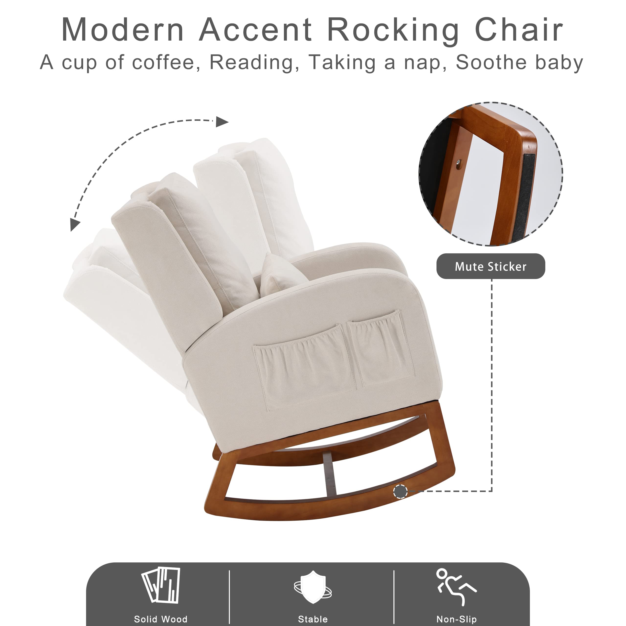 Modern Nursery Glider Rocking Chair with Side Pockets & Lumbar Support - High Back Accent Rocker for Living Room, Bedroom, Nursery - Beige | Perfect for Breastfeeding, Reading Nook & Relaxation