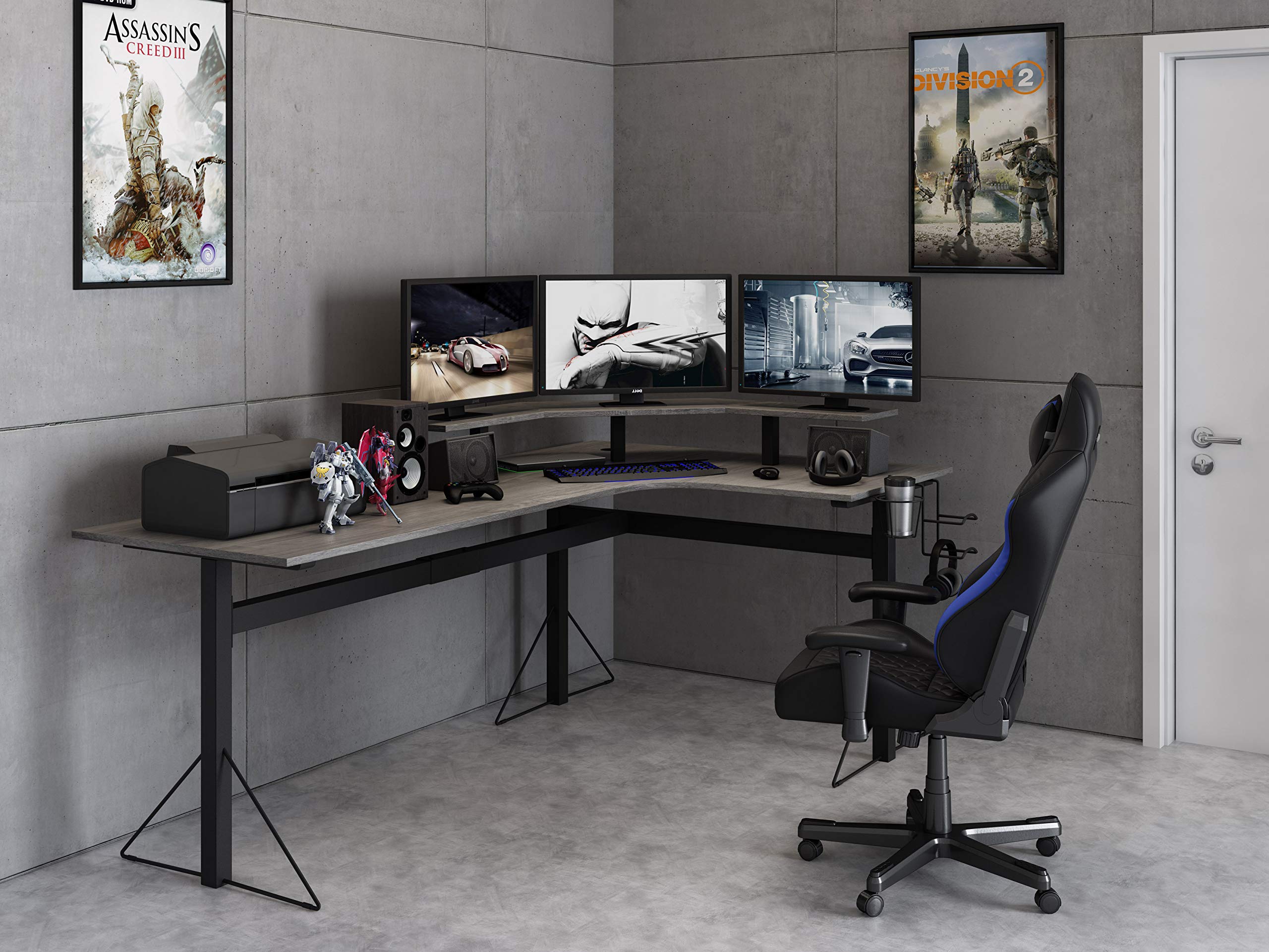 DAR CORE Gaming L-Shaped Desk with Built-in Power Outlets, Gray/Black - Perfect for Home Office & PC Gaming Setup