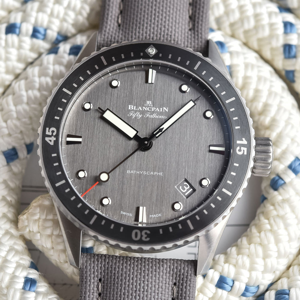 Fifty Fathoms Bathyscaphe Titanium 43mm Watch - Anthracite Dial with Sail Canvas Strap | Luxury Diving Timepiece for Men, Water Resistant & Professional Use