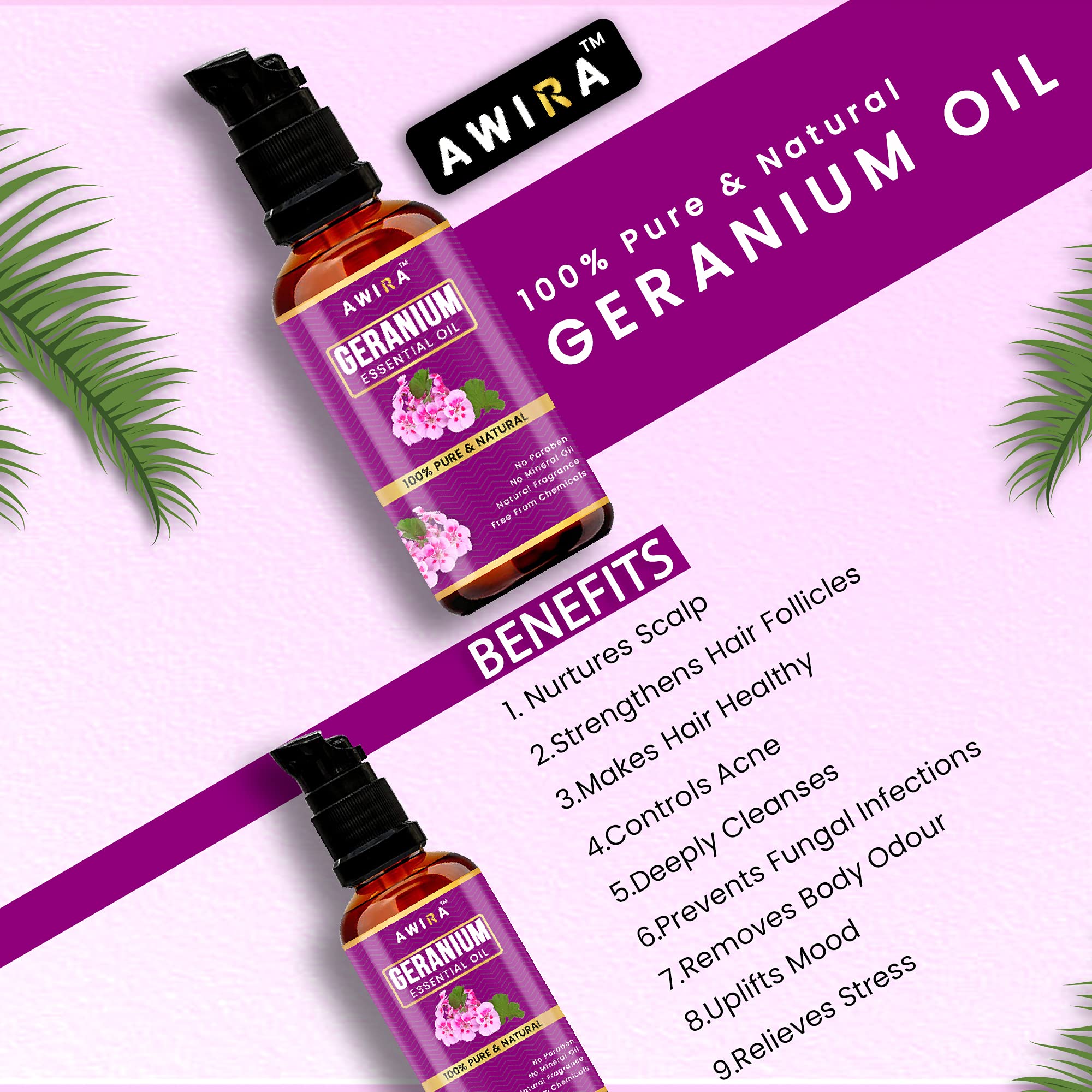 Pure Awira Geranium Essential Oil 30ml - 100% Natural, Undiluted for Skin & Hair Care - Perfect for Aromatherapy, Massage & DIY Beauty Products