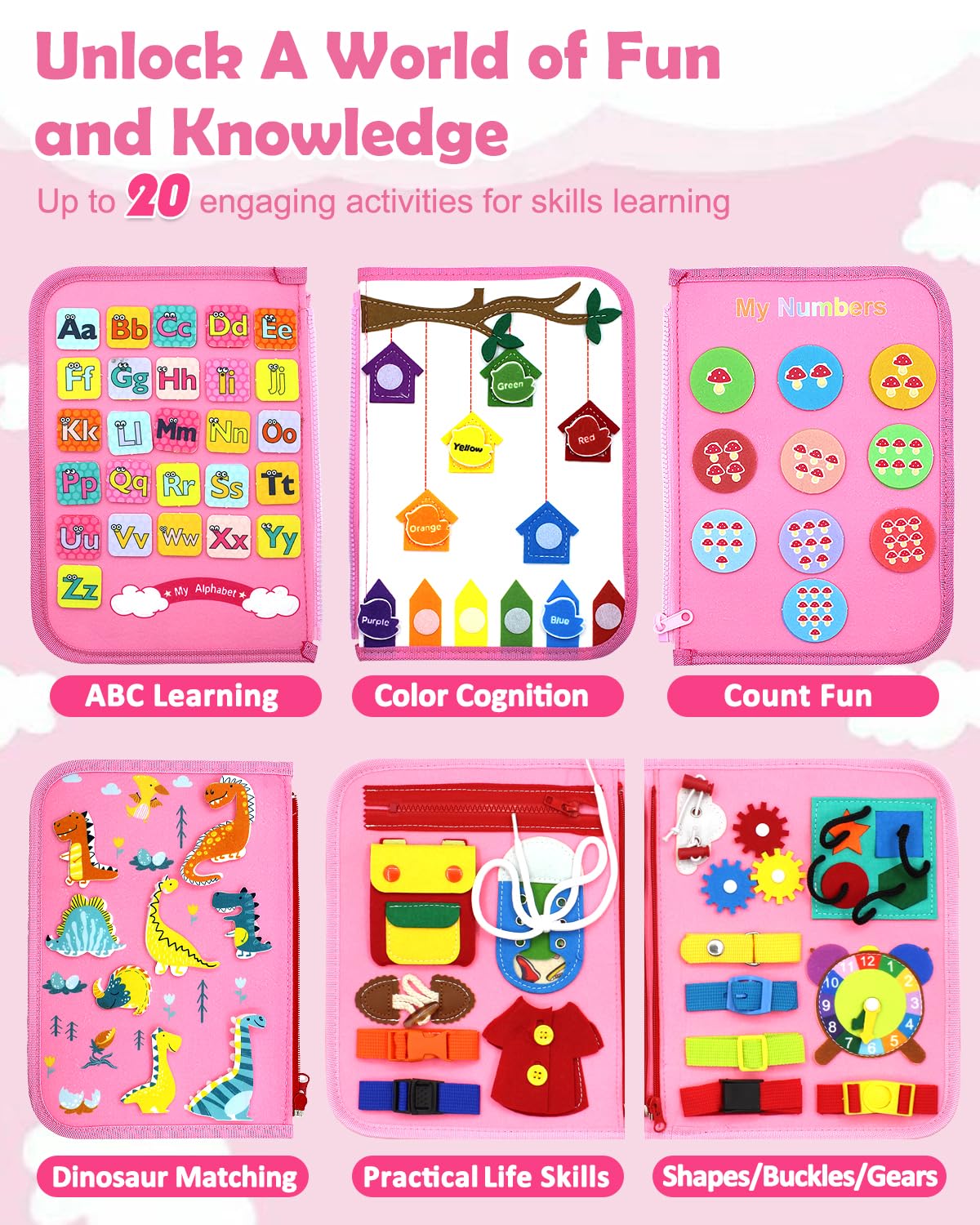 Montessori Busy Board Toy for Toddlers 1-4 - Travel Sensory Activity for Boys & Girls (Pink Dino) - Perfect for Car & Airplane Learning