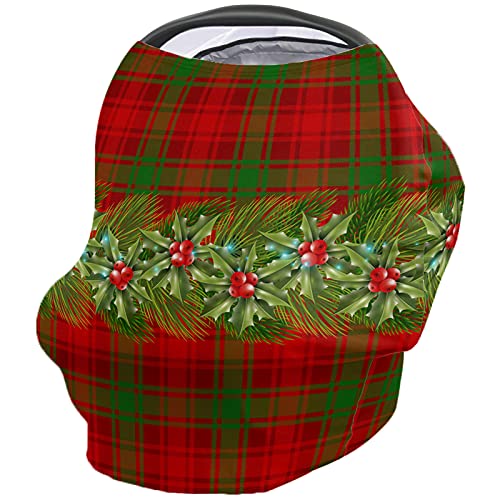 Baby Car Seat Cover for Newborns - Soft Breathable Stretchy Fabric with Christmas Pine Berries Red Green Checked Plaid Design - Adjustable Nursing Cover for Boys & Girls (26x27.6 inches) - Perfect for Car Travel, Stroller Use and Breastfeeding Protection