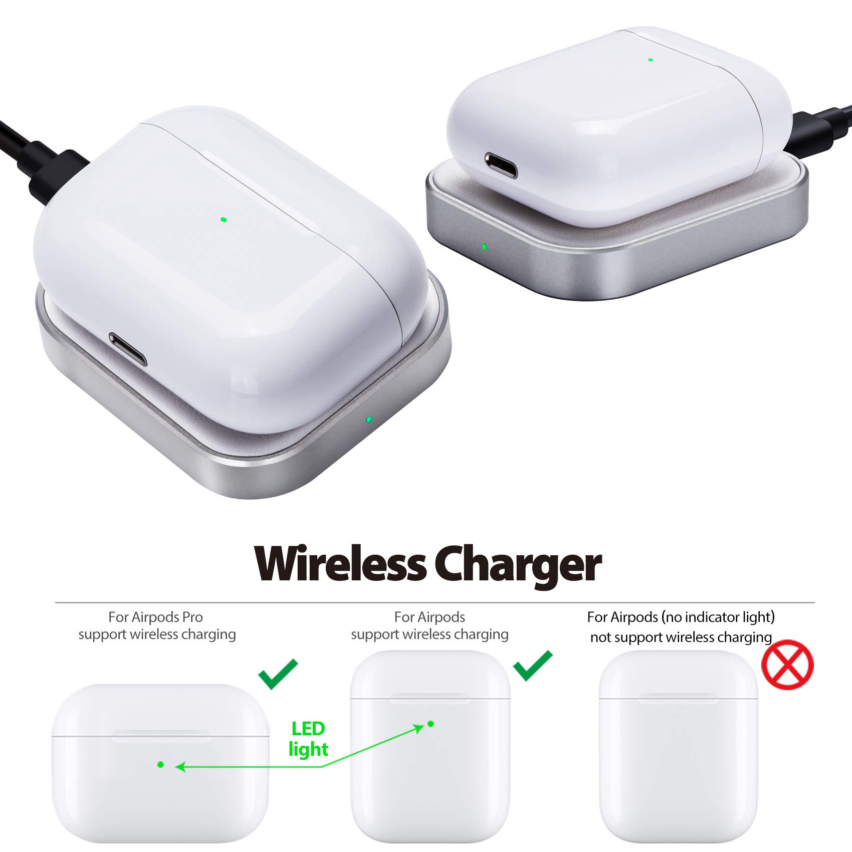 Wireless Charger for AirPods Pro 2nd Gen / AirPods 4 (ANC) / AirPods 3 / AirPods 2 - Fast Charging Station with LED Indicator (Silver & White) - Perfect for Home, Office & Travel Accessories